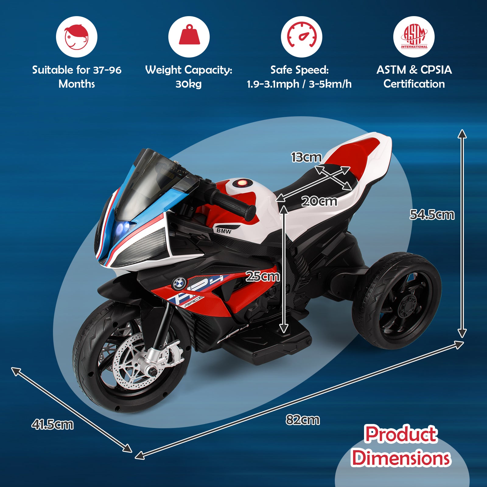 12V Kids Motorcycle Ride-On Toy with Music and Headlight-Red