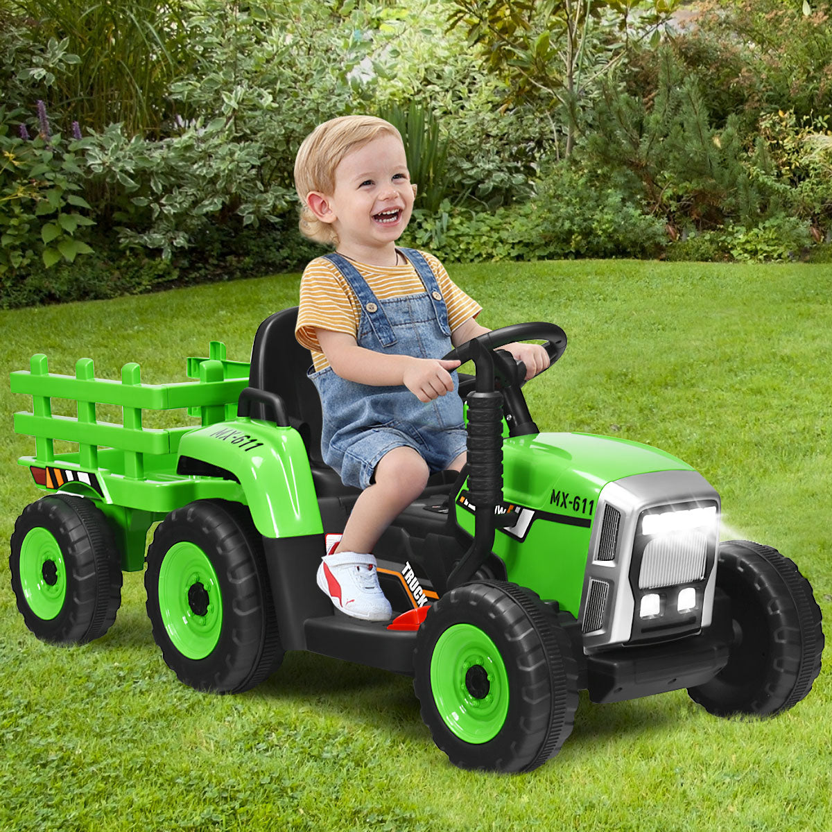 12V Kids Ride On Tractor with Trailer Music and LED Lights-Green