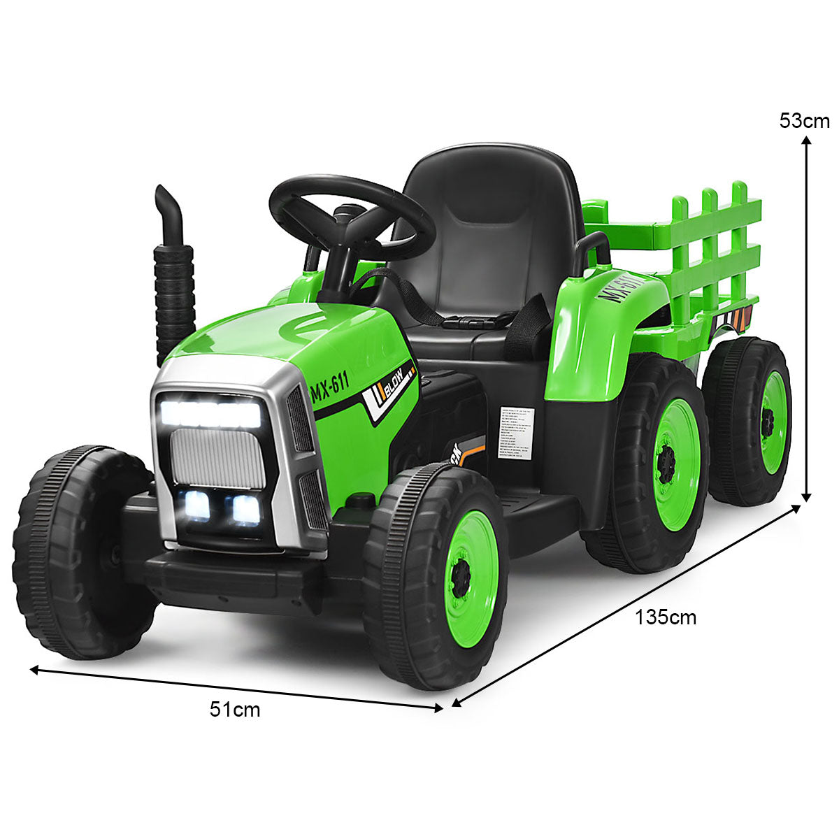 12V Kids Ride On Tractor with Trailer Music and LED Lights-Green