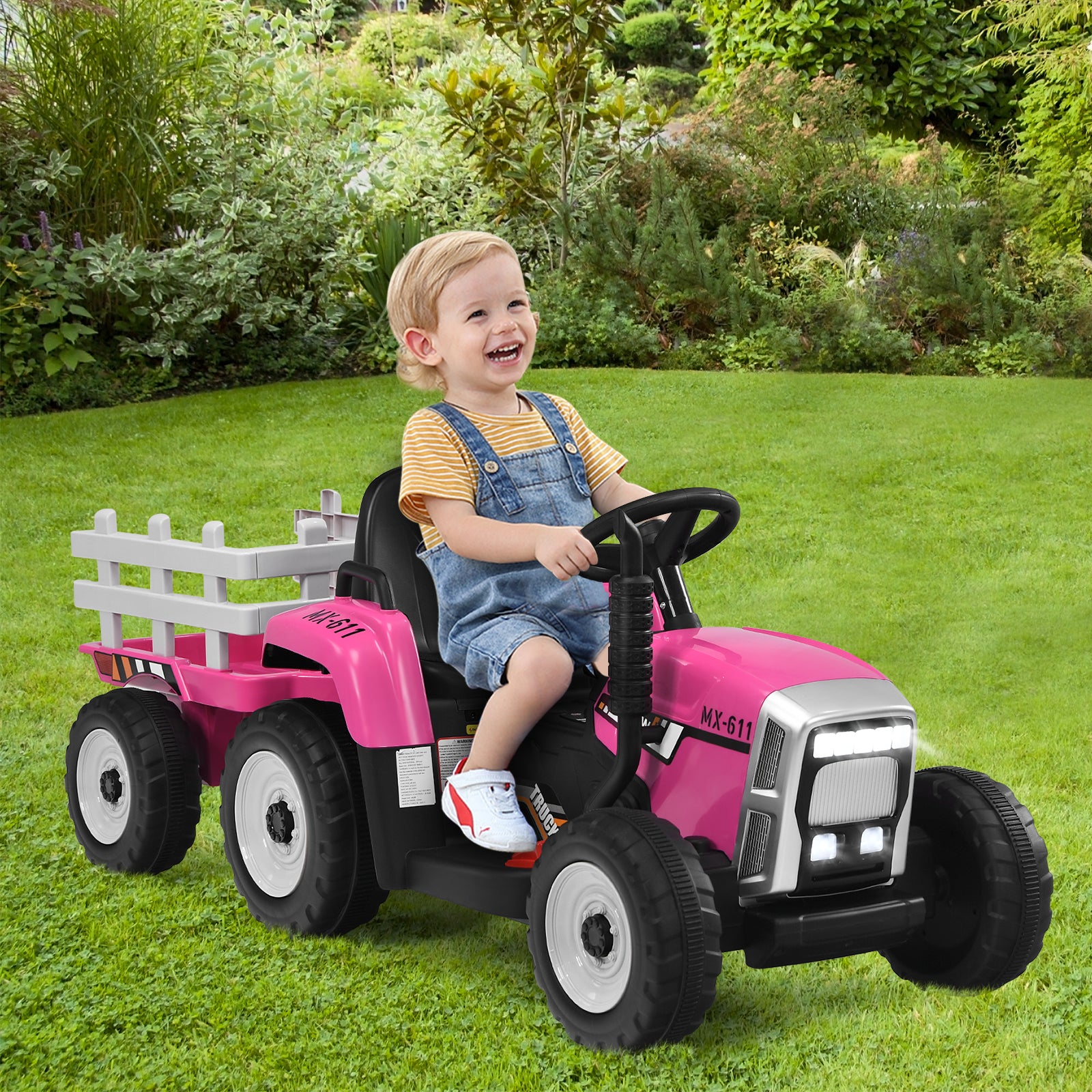 12V Kids Ride On Tractor with Trailer Music and LED Lights-Pink