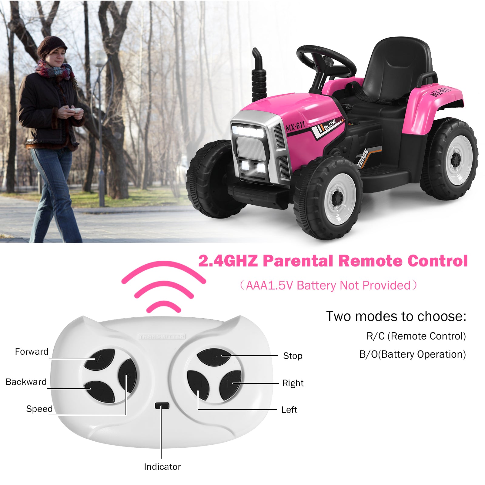 12V Kids Ride On Tractor with Trailer Music and LED Lights-Pink