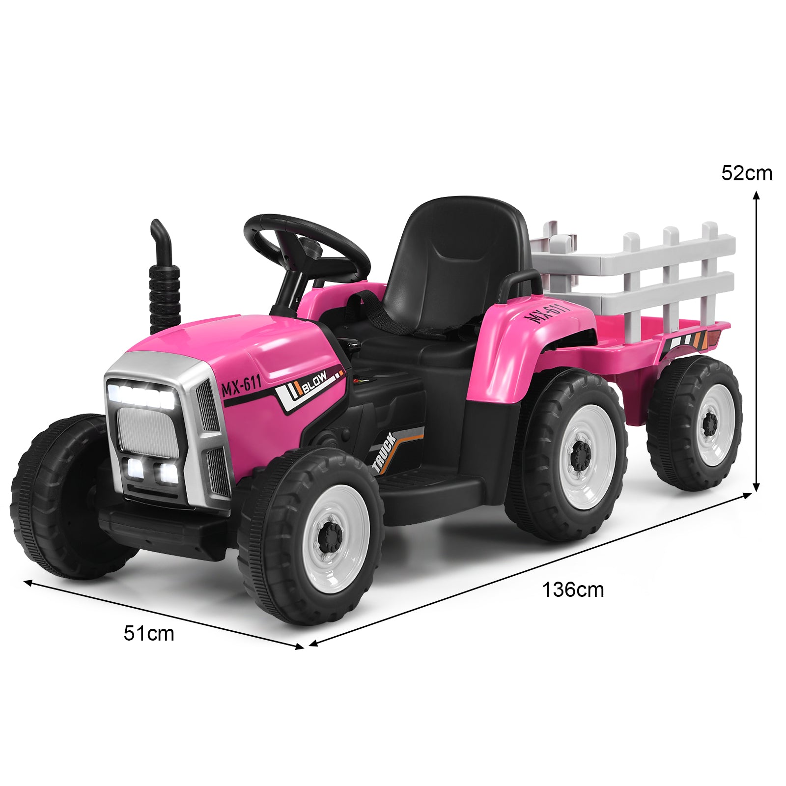 12V Kids Ride On Tractor with Trailer Music and LED Lights-Pink