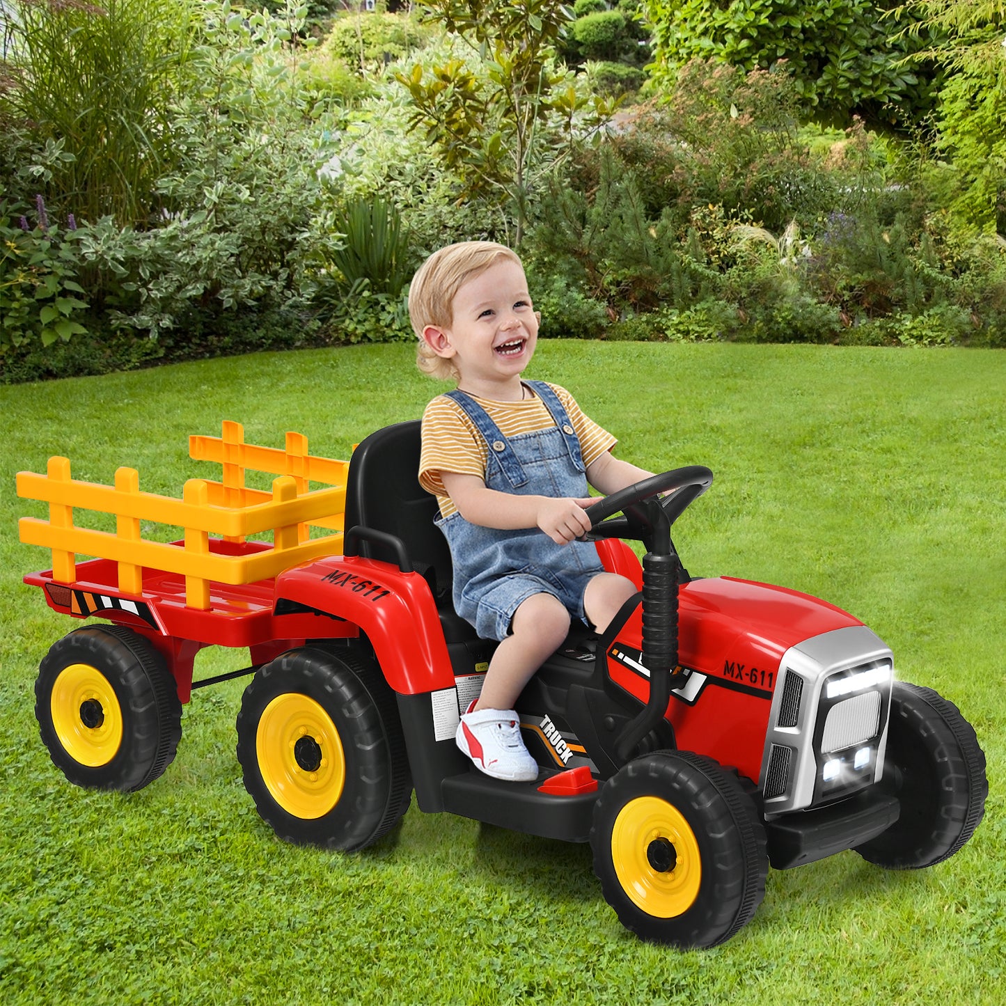 12V Kids Ride On Tractor with Trailer Music and LED Lights-Red