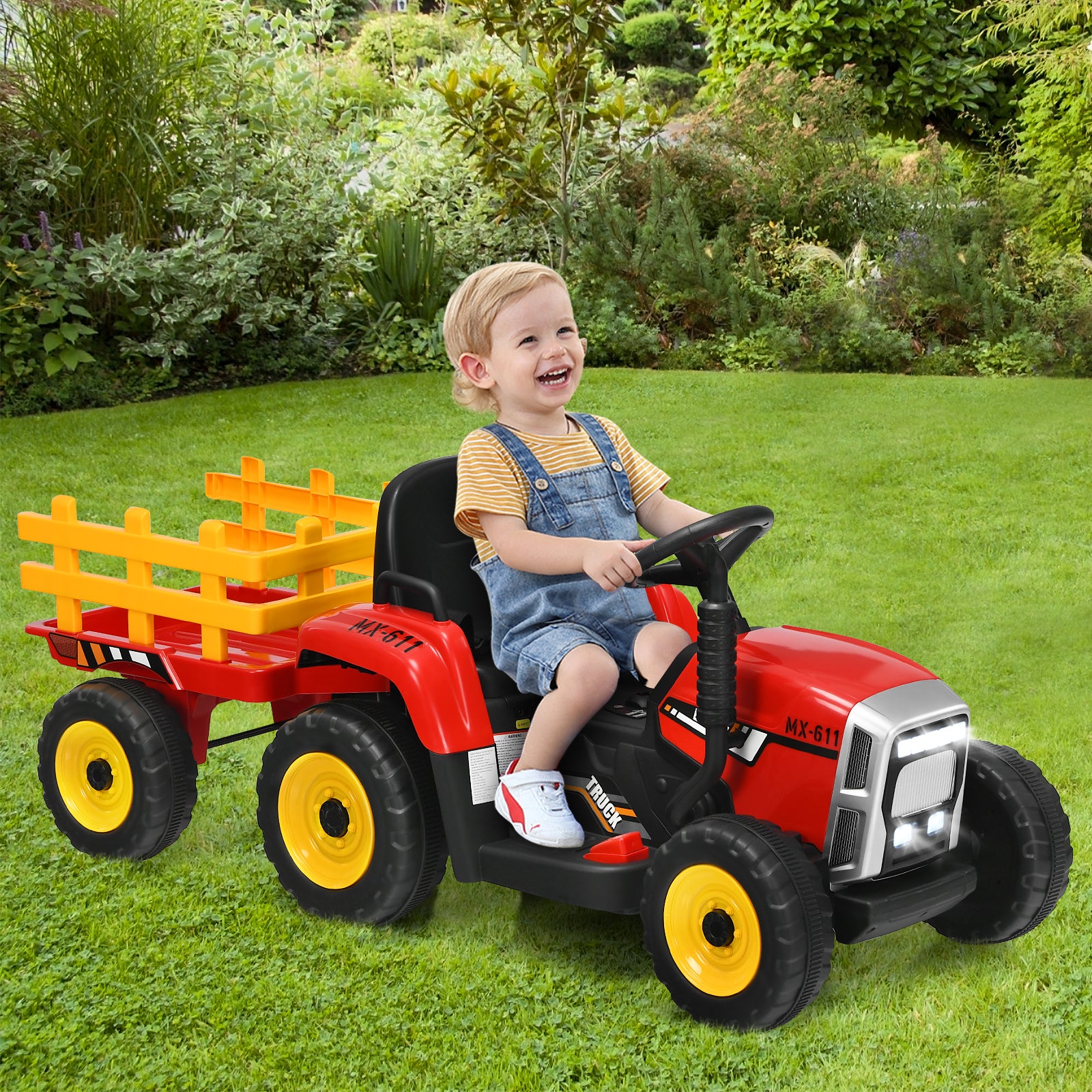 12V Kids Ride On Tractor with Trailer Music and LED Lights-Red