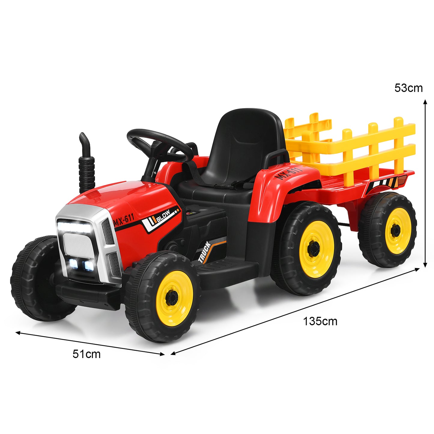 12V Kids Ride On Tractor with Trailer Music and LED Lights-Red