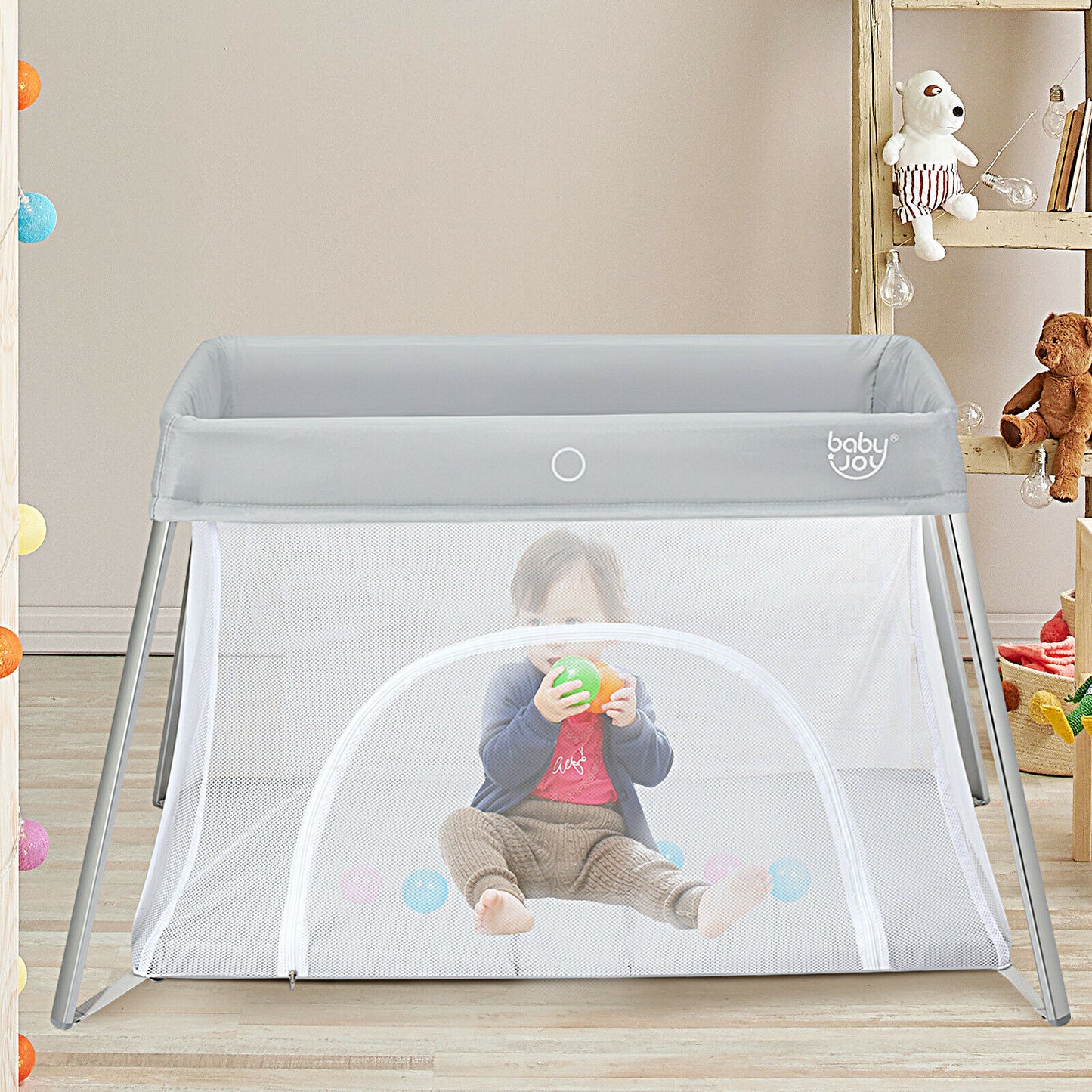 Lightweight Folding Playpen with Zipper Access Door-Silver
