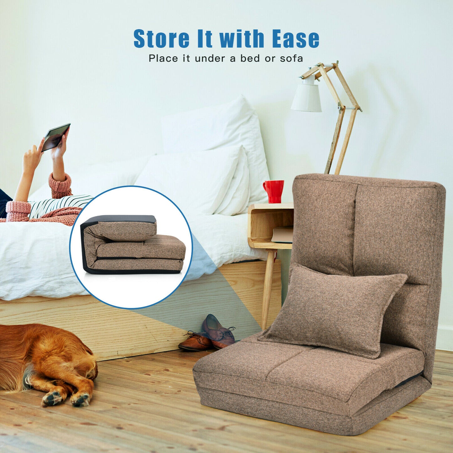 Folding Lazy Floor Sofa Bed with Pillow-Brown