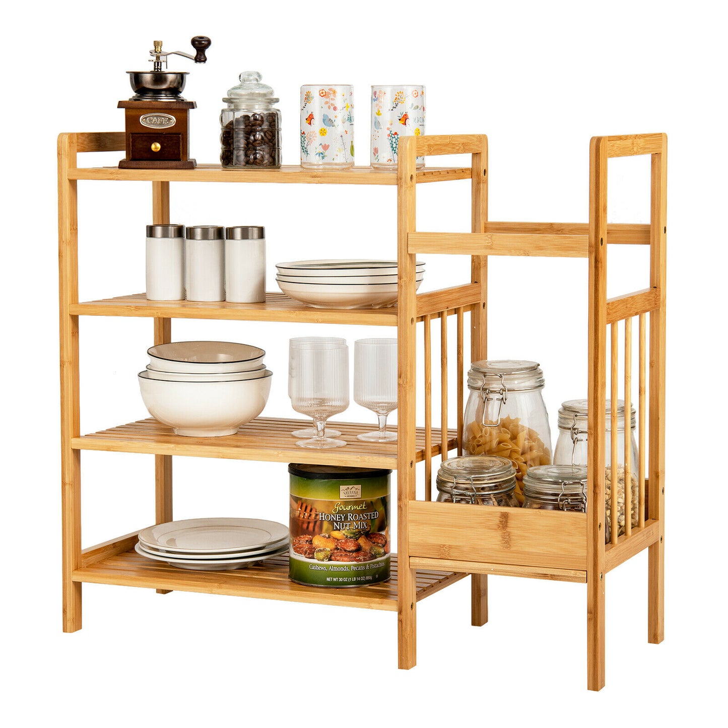 4 Shelved Bamboo Shoe Rack with Umbrella Stand-Natural