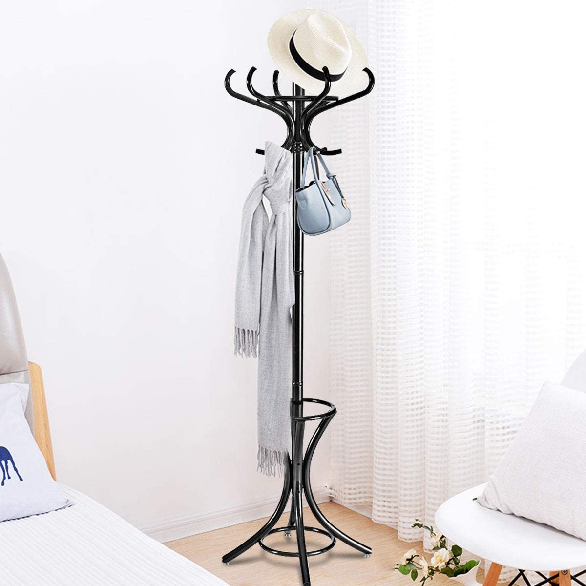 Floor Standing Hat Coat Wood Hanger w/ Umbrella Rack Prestige-Black