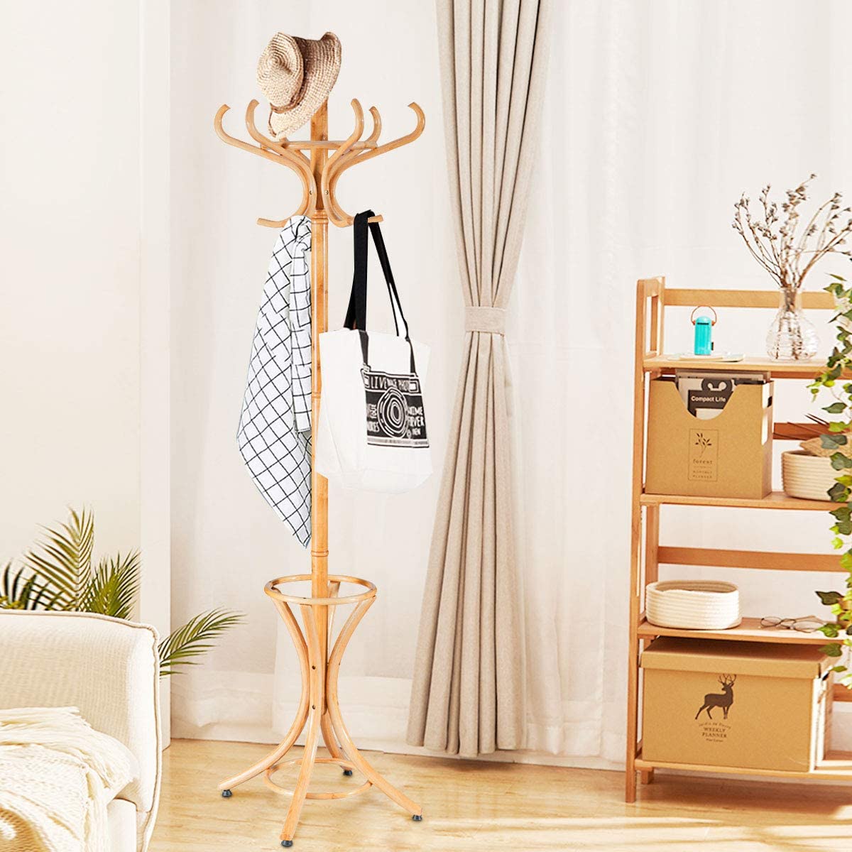 Floor Standing Hat Coat Wood Hanger w/ Umbrella Rack Prestige-Oak
