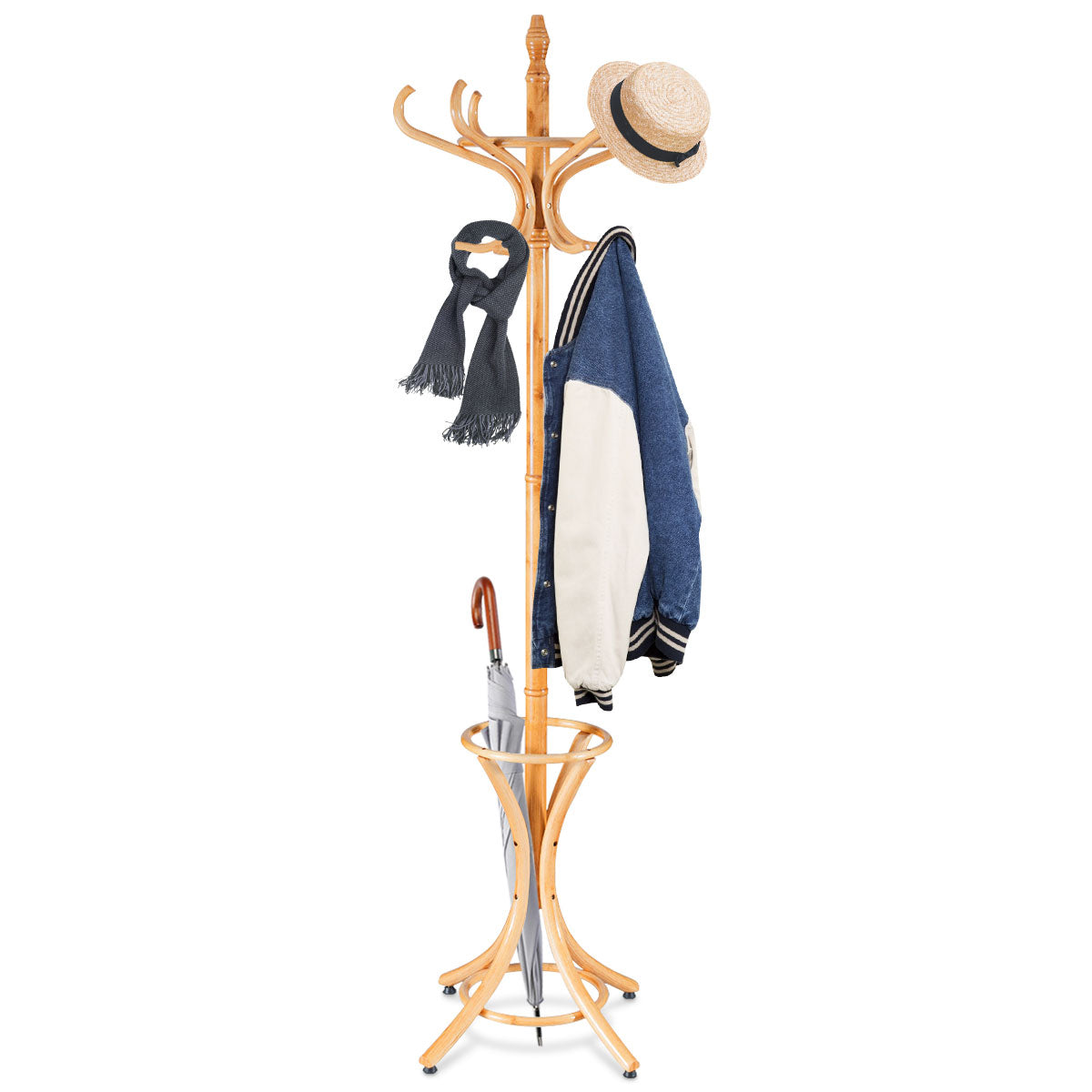 Floor Standing Hat Coat Wood Hanger w/ Umbrella Rack Prestige-Oak