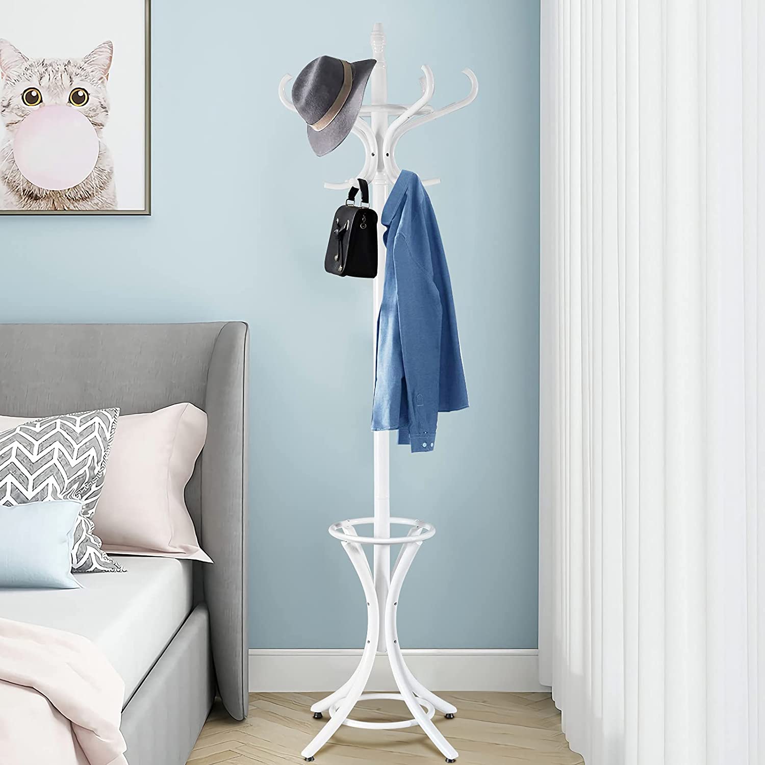 Floor Standing Hat Coat Wood Hanger w/ Umbrella Rack Prestige-White