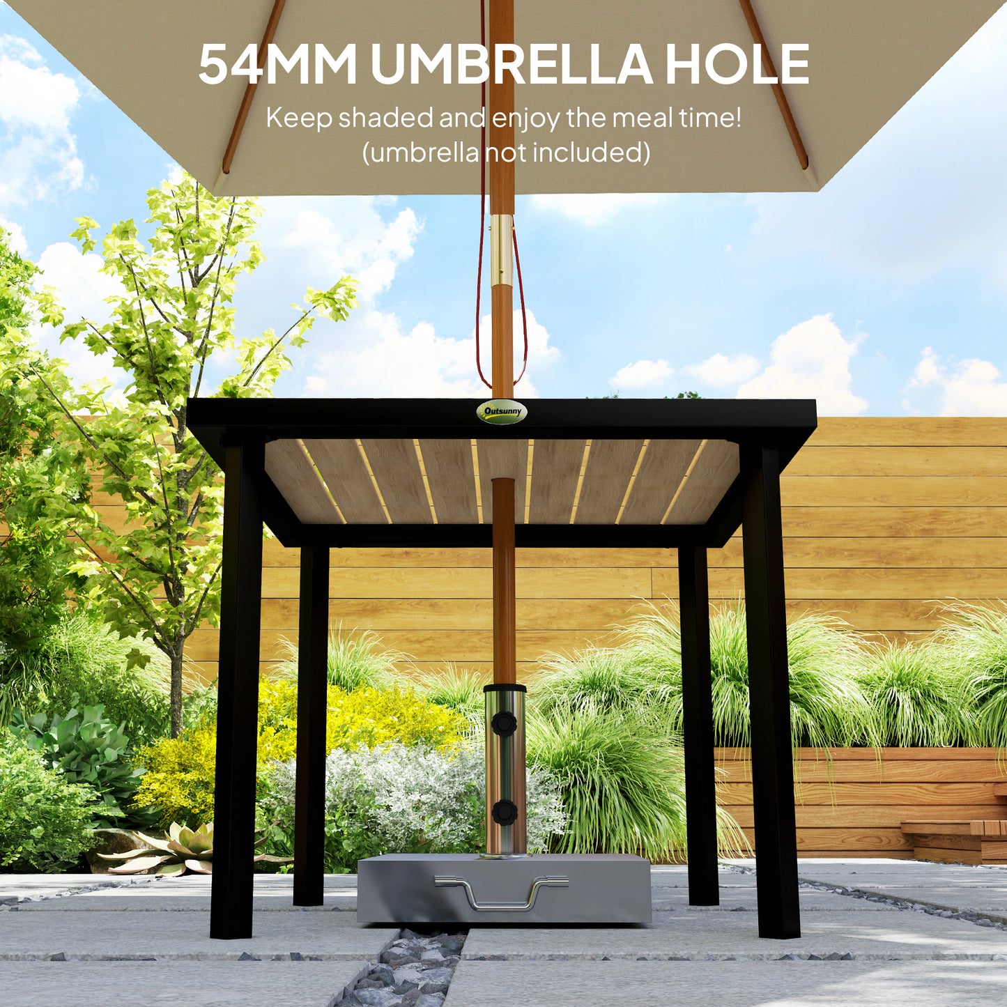 Outsunny Square Garden Dining Table with 5.4cm Parasol Hole, Slatted Top, Metal Frame, 86 x 86 x 71cm, Brown