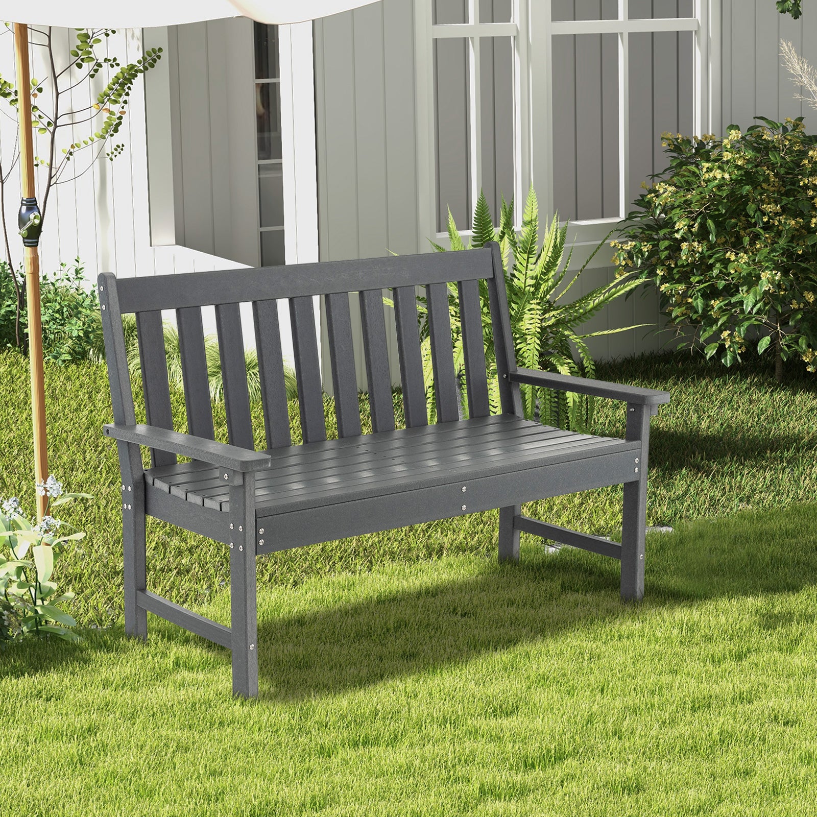 132 CM All-Weather HDPE Garden Bench with Backrest and Armrests-Grey