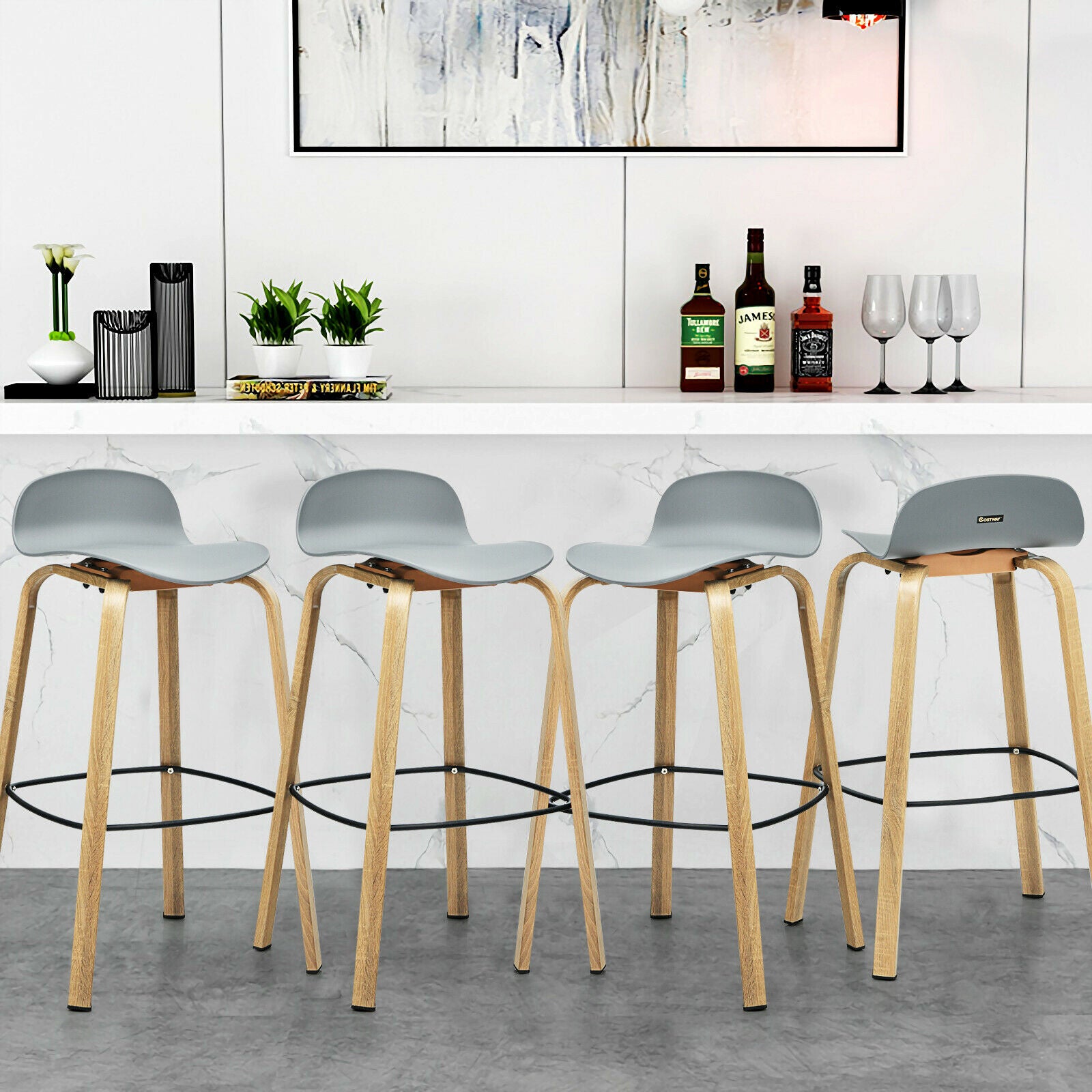 2 x Bar Chairs, High Counter Stools with Footrest-Grey