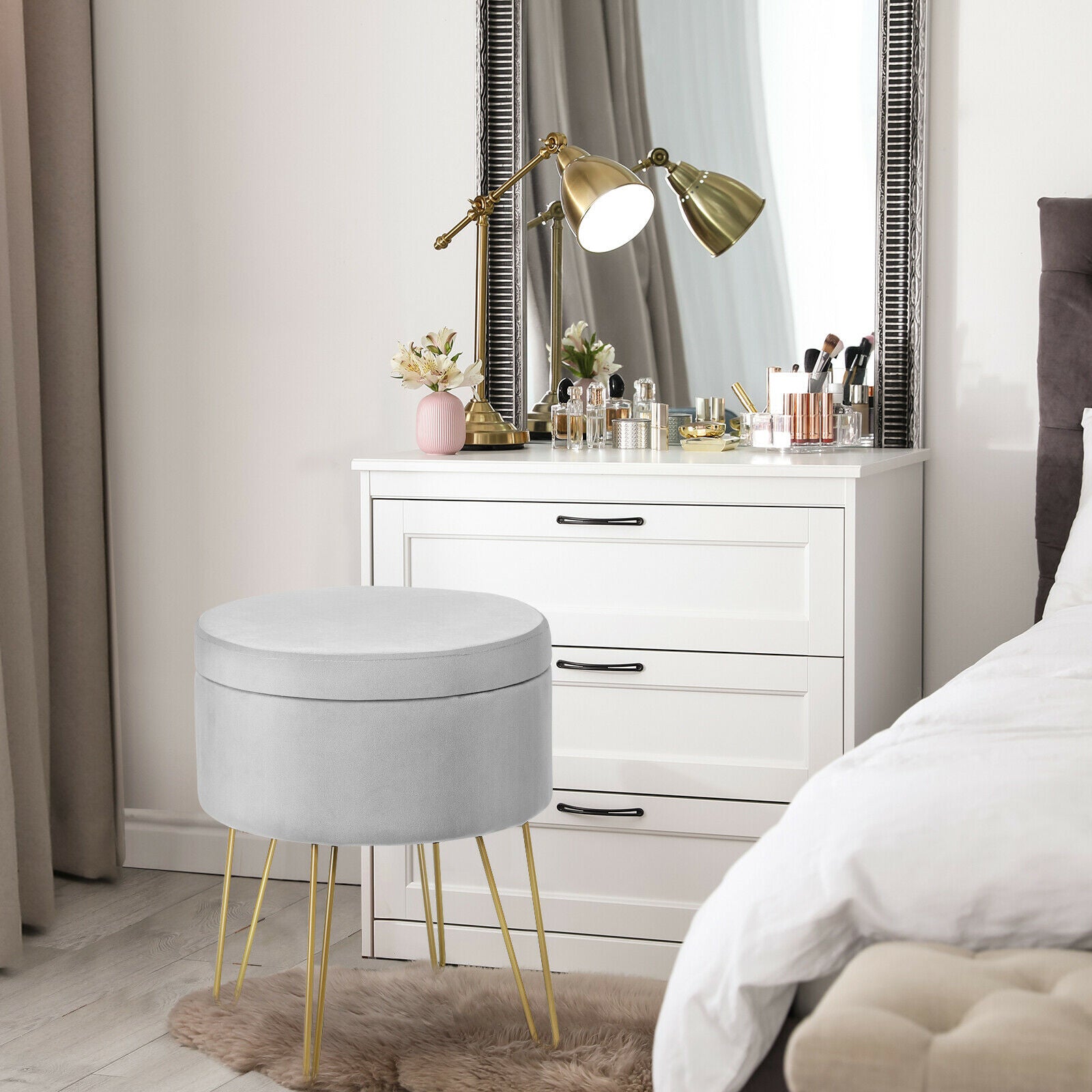 Round Velvet Ottoman Stool with Hairpin Legs-Grey