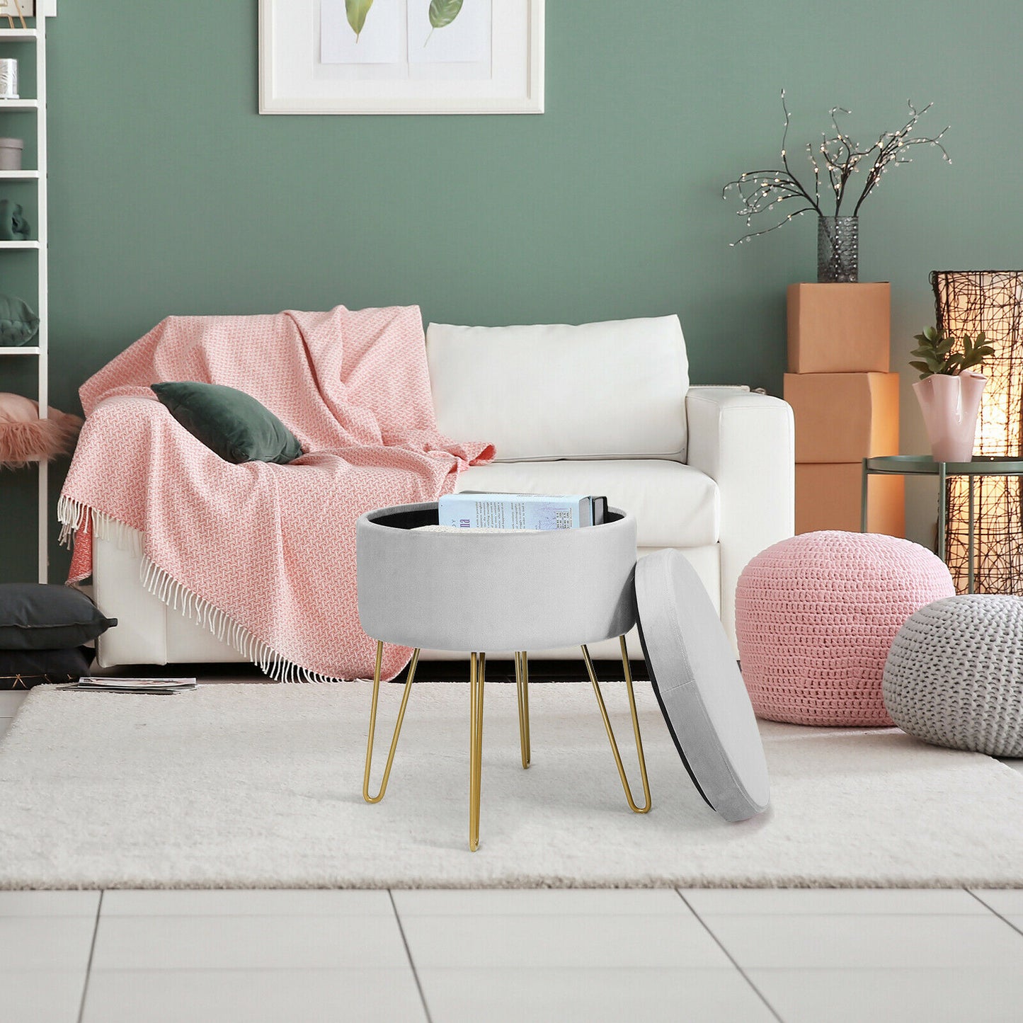 Round Velvet Ottoman Stool with Hairpin Legs-Grey