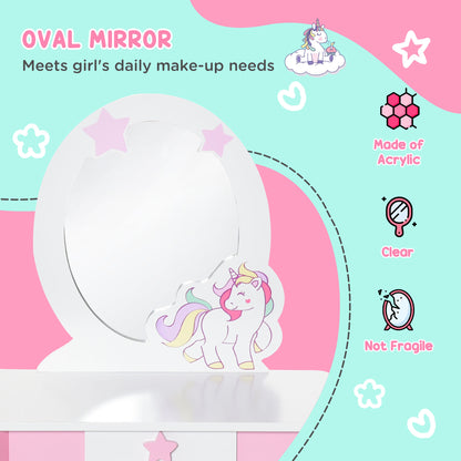 HOMCOM Girls Dressing Table w/ Mirror & Stool, Kids Dressing Table, Unicorn Pretend Play Toy for Toddles Age 3-6 Years, Acrylic Mirror, Pink & White