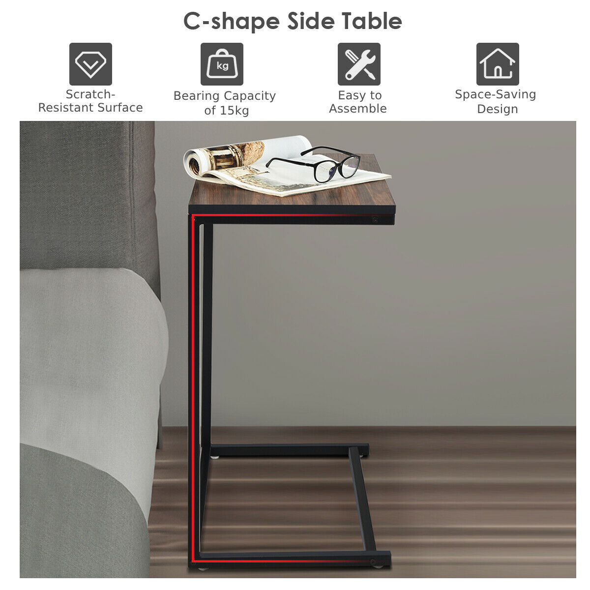 Industrial Styled C Shaped Side, End Table-Brown