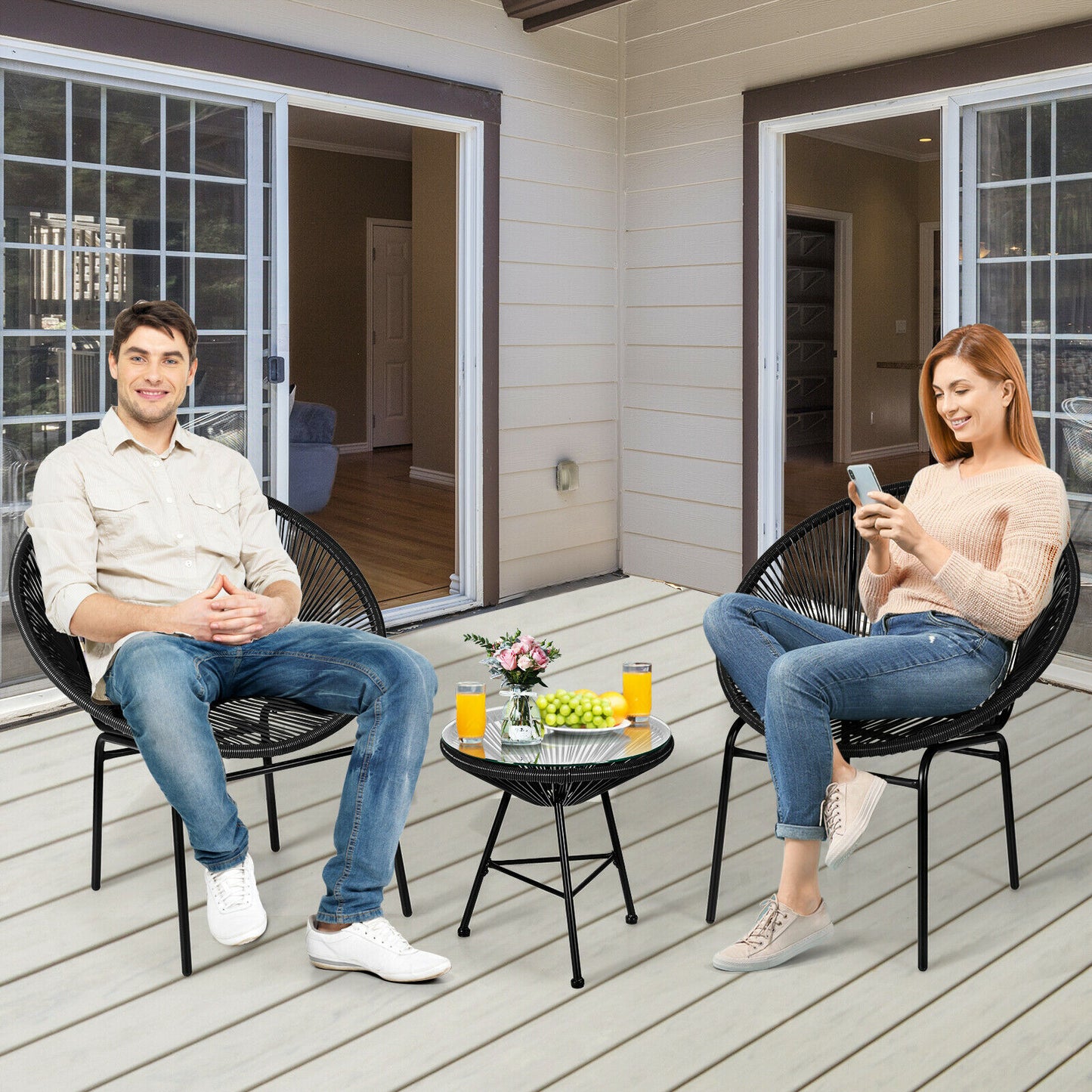 3Pcs Patio Rattan Woven Furniture Set with Glass Table-Black