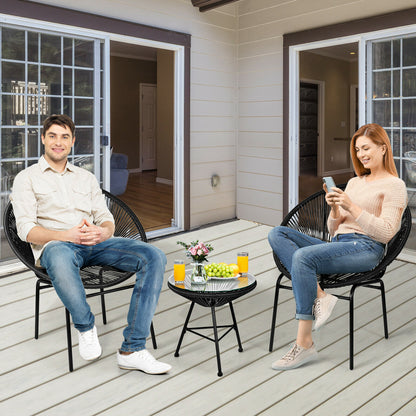 3Pcs Patio Rattan Woven Furniture Set with Glass Table-Black