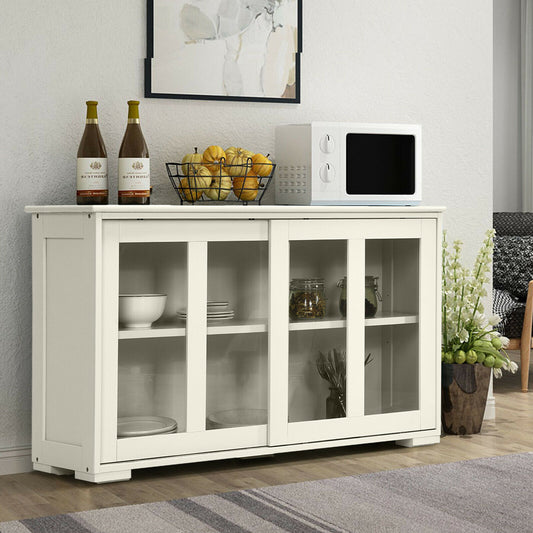 Sideboard Cabinet with Sliding Glass Doors and Adjustable Shelf-White