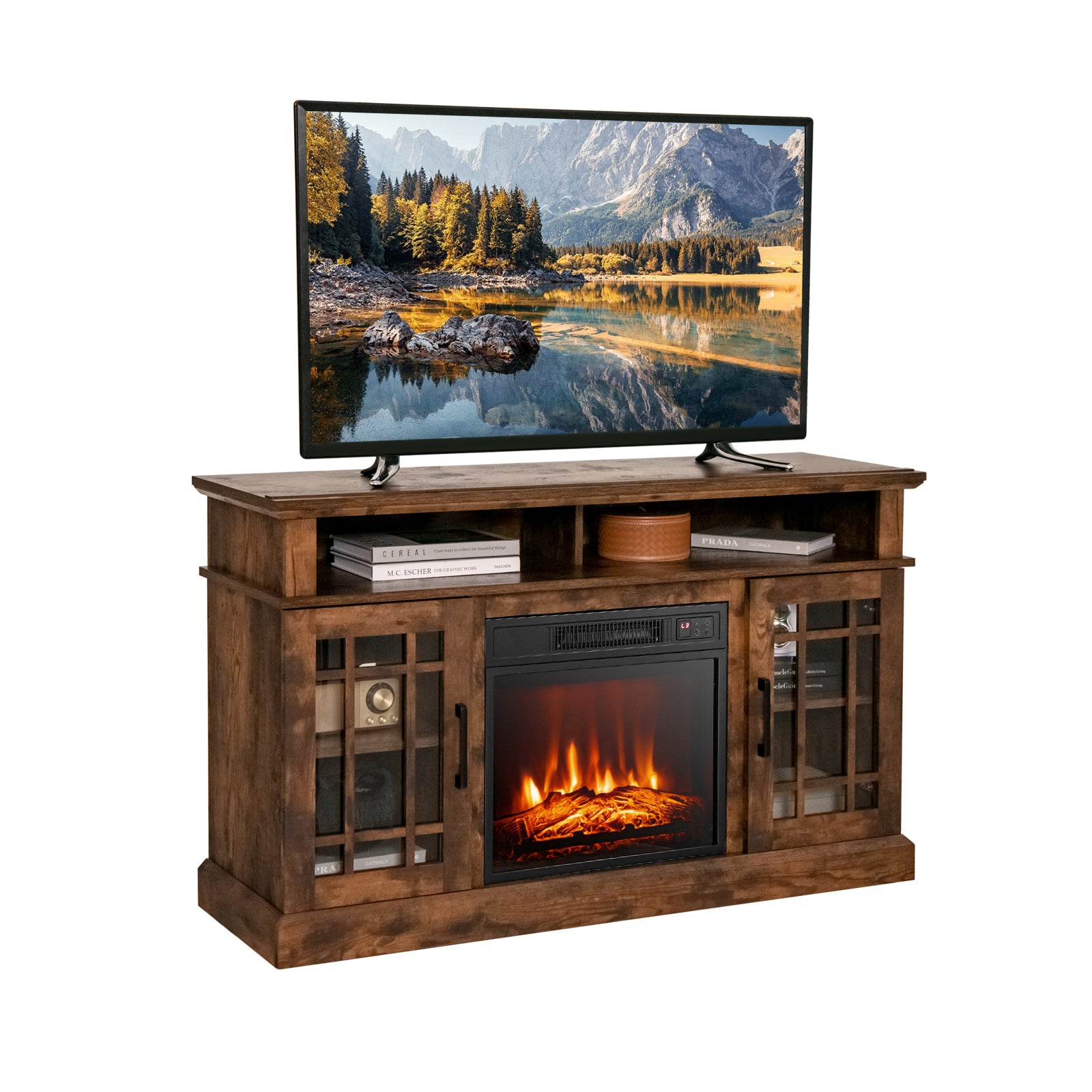 1400W Electric Fireplace with Mantel for TVs up to 55 Inches-Brown
