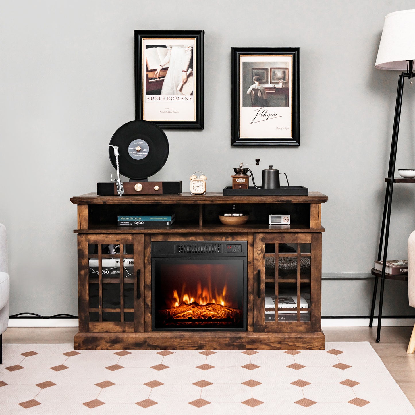 1400W Electric Fireplace with Mantel for TVs up to 55 Inches-Brown