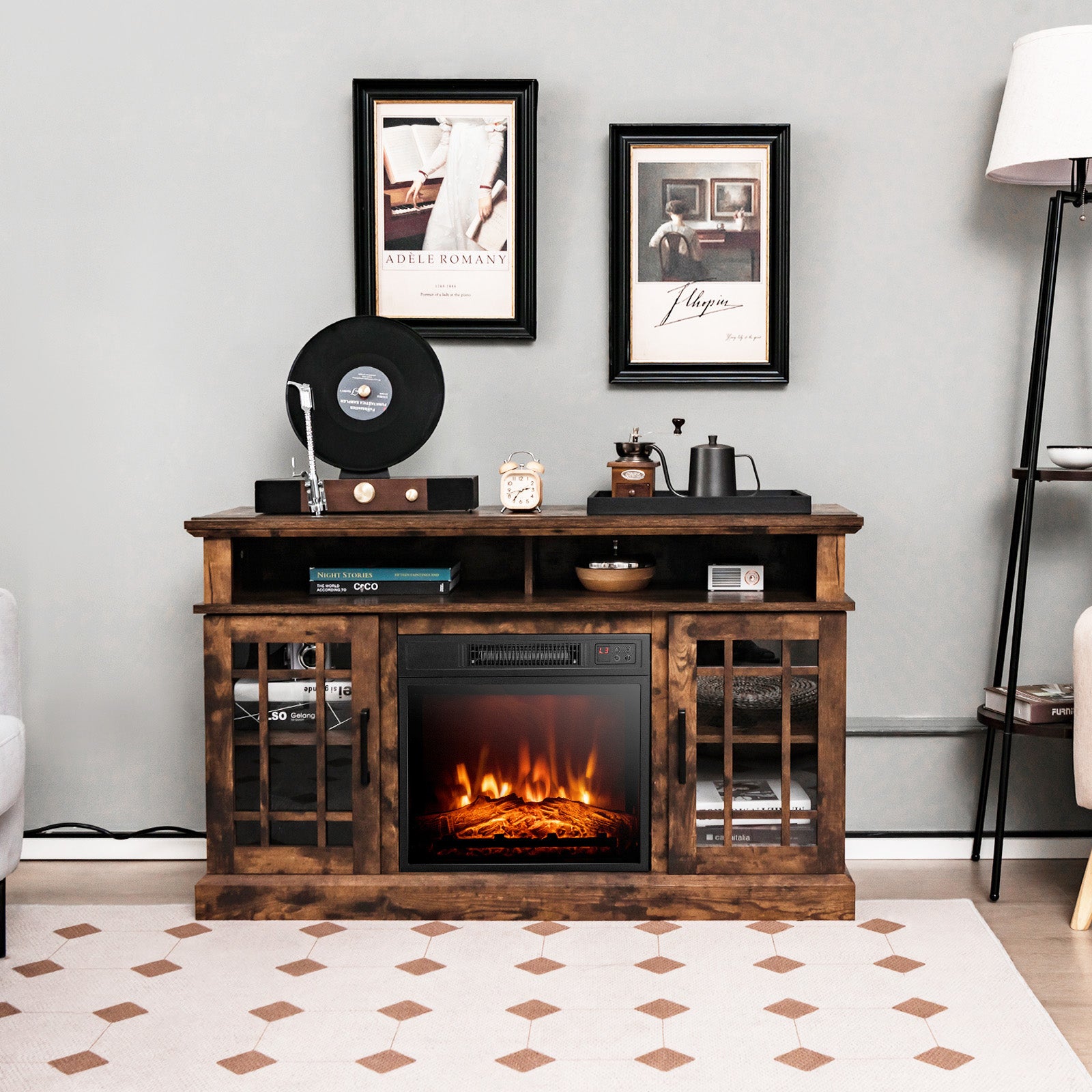 1400W Electric Fireplace with Mantel for TVs up to 55 Inches-Brown