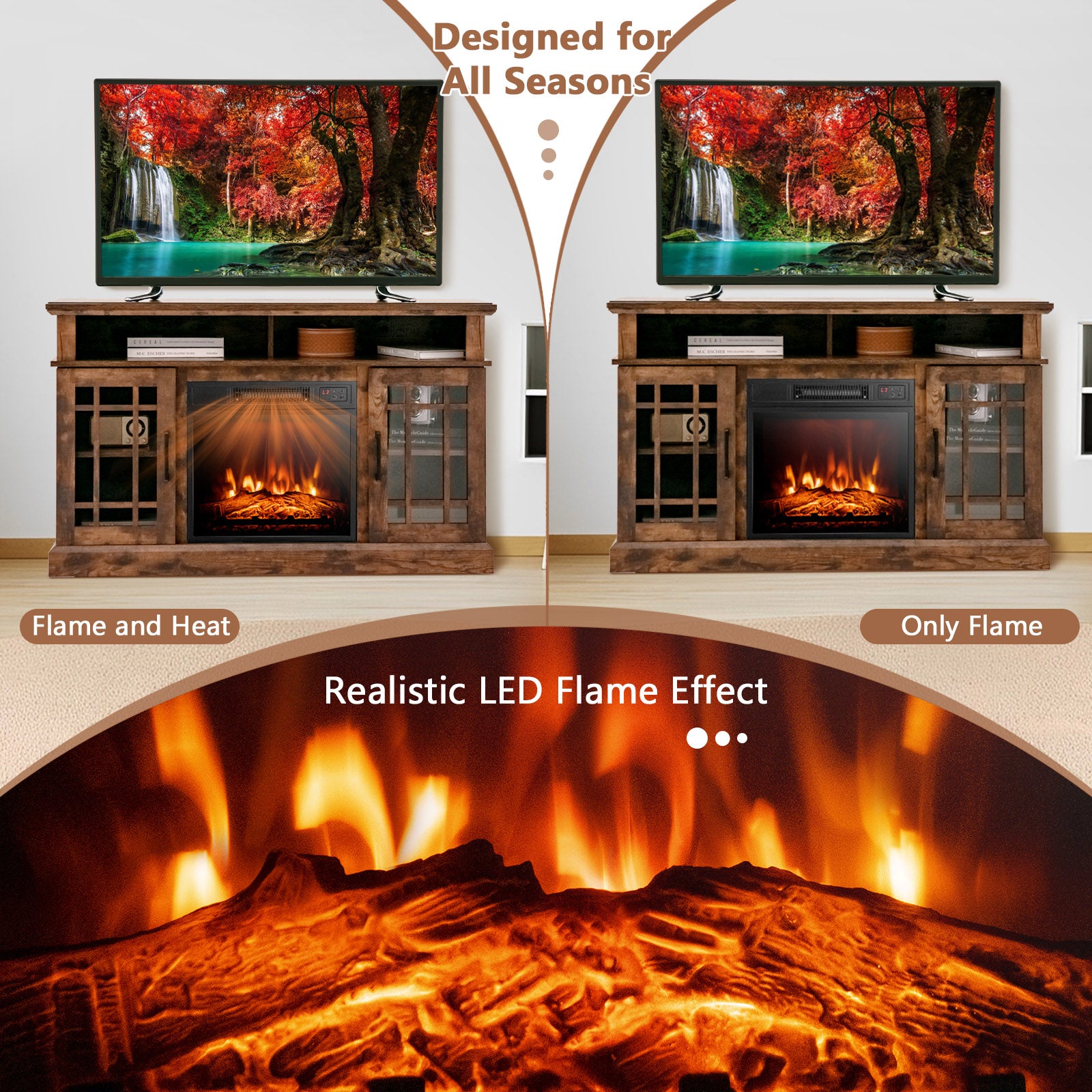 1400W Electric Fireplace with Mantel for TVs up to 55 Inches-Brown
