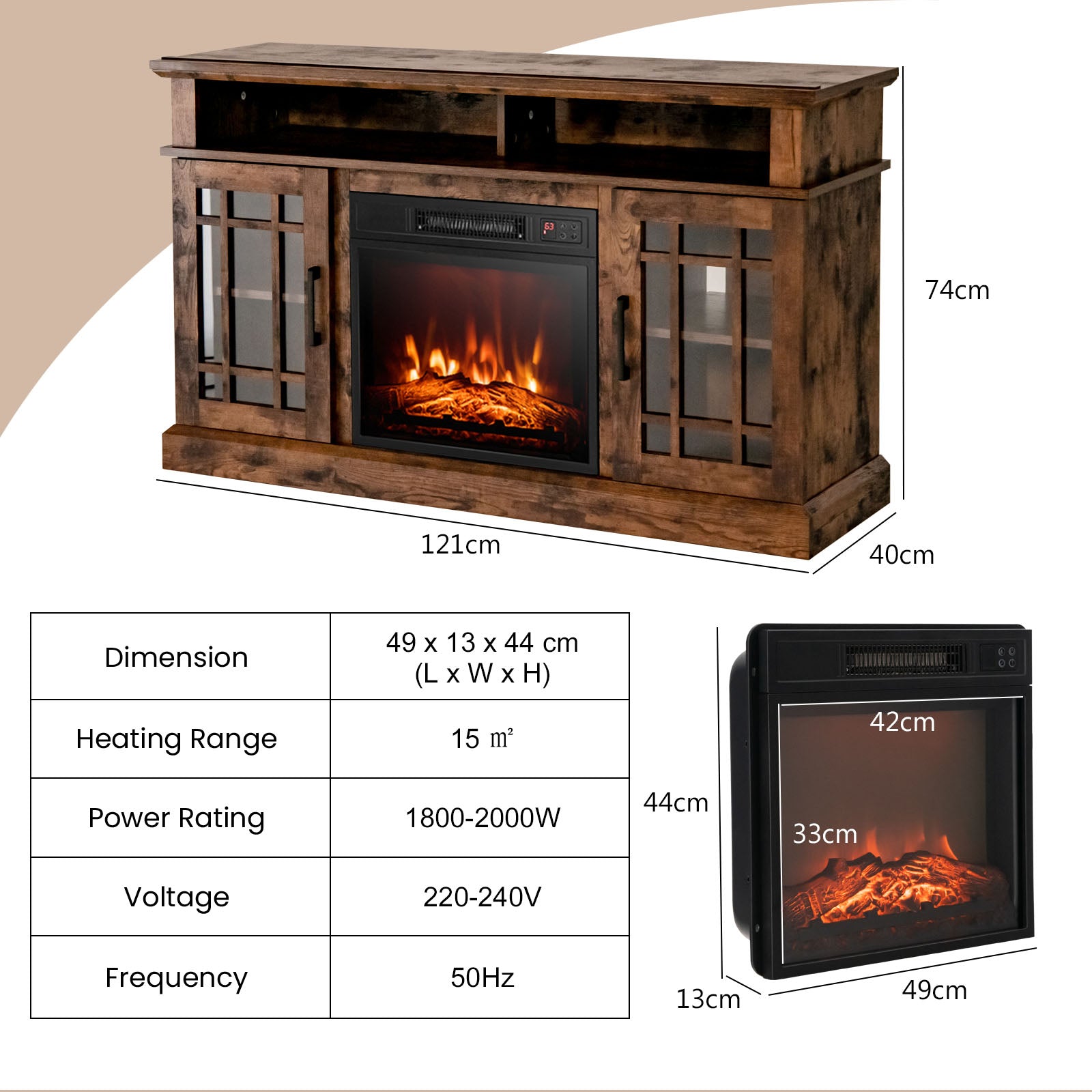 1400W Electric Fireplace with Mantel for TVs up to 55 Inches-Brown