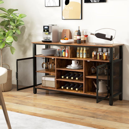 140cm Buffet Sideboard with 8-Bottle Wine Racks and 6 Rows of Wine Glass Holders-Rustic Brown