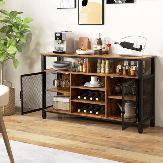 140cm Buffet Sideboard with 8-Bottle Wine Racks and 6 Rows of Wine Glass Holders-Rustic Brown