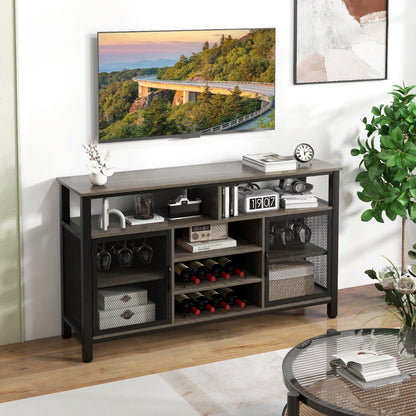 140cm Buffet Sideboard with 8-Bottle Wine Racks and 6 Rows of Wine Glass Holders-Grey