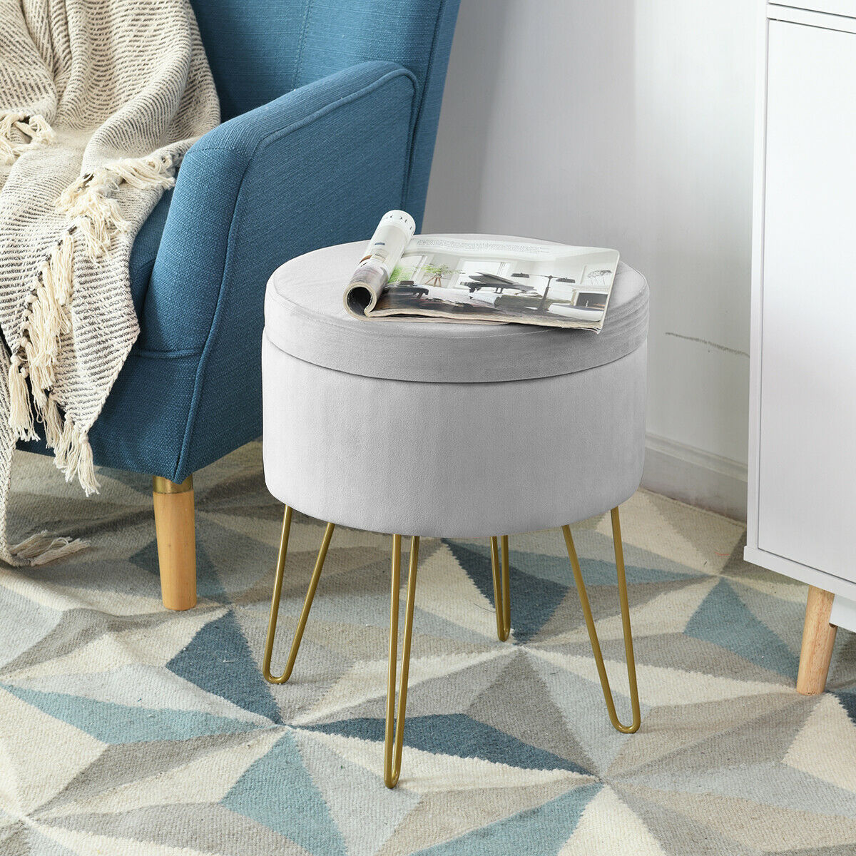 Round Velvet Ottoman Stool with Hairpin Legs-Grey