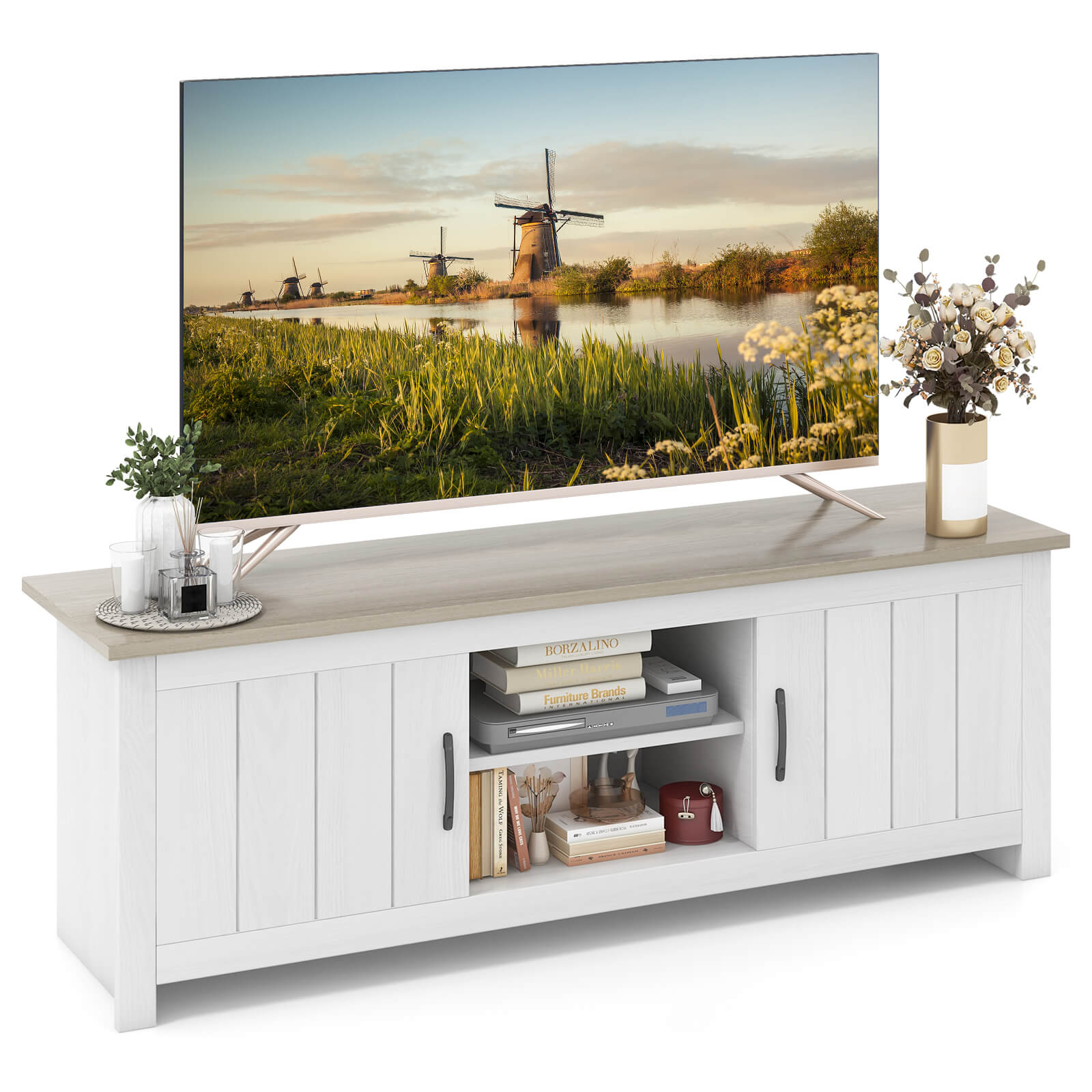 TV Stand with 2 Doors and Storage Shelves for TVs up to 65 Inches-White Oak