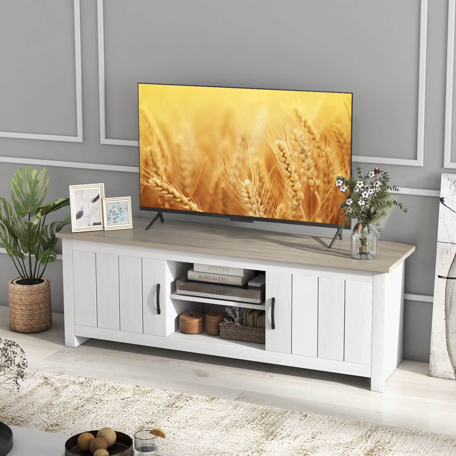 TV Stand with 2 Doors and Storage Shelves for TVs up to 65 Inches-White Oak