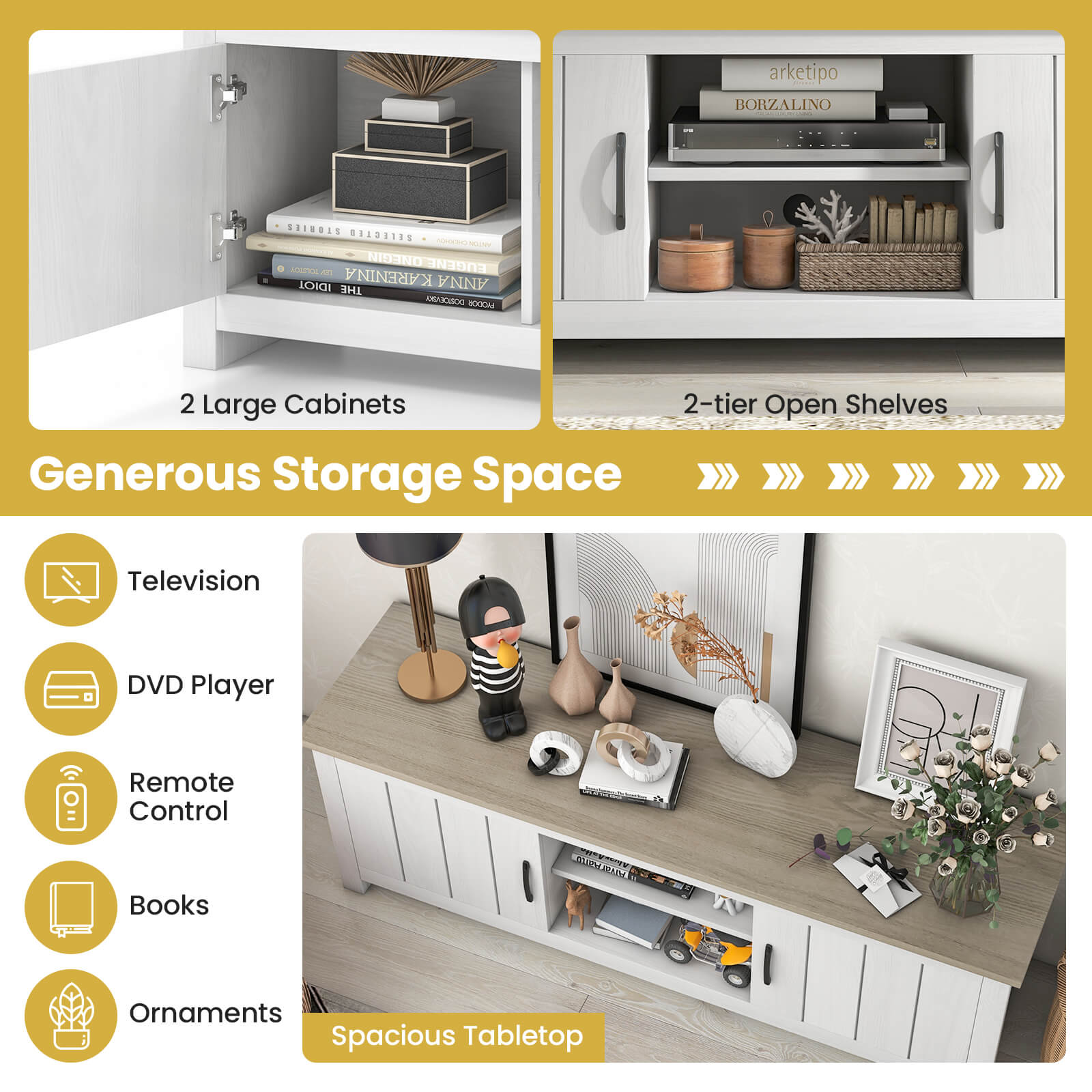 TV Stand with 2 Doors and Storage Shelves for TVs up to 65 Inches-White Oak