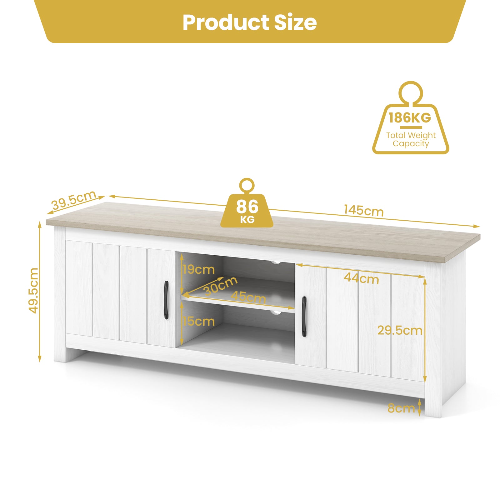TV Stand with 2 Doors and Storage Shelves for TVs up to 65 Inches-White Oak