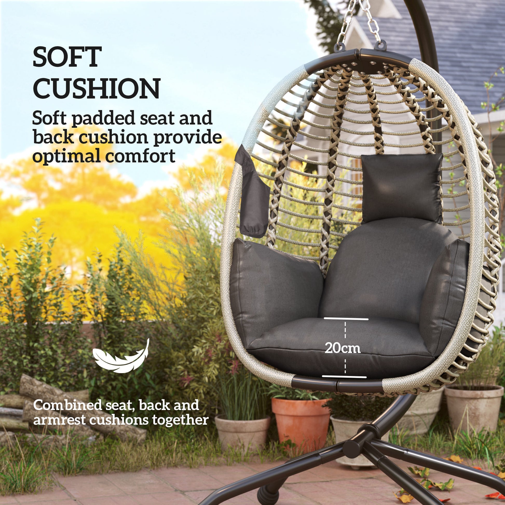 Outsunny Outdoor Swing Chair with Thick Padded Cushion, Patio Hanging Egg Chair with Metal Stand, Foldable Basket, Cup Holder, Rope Structure for Indoor & Outdoor, Dark Grey