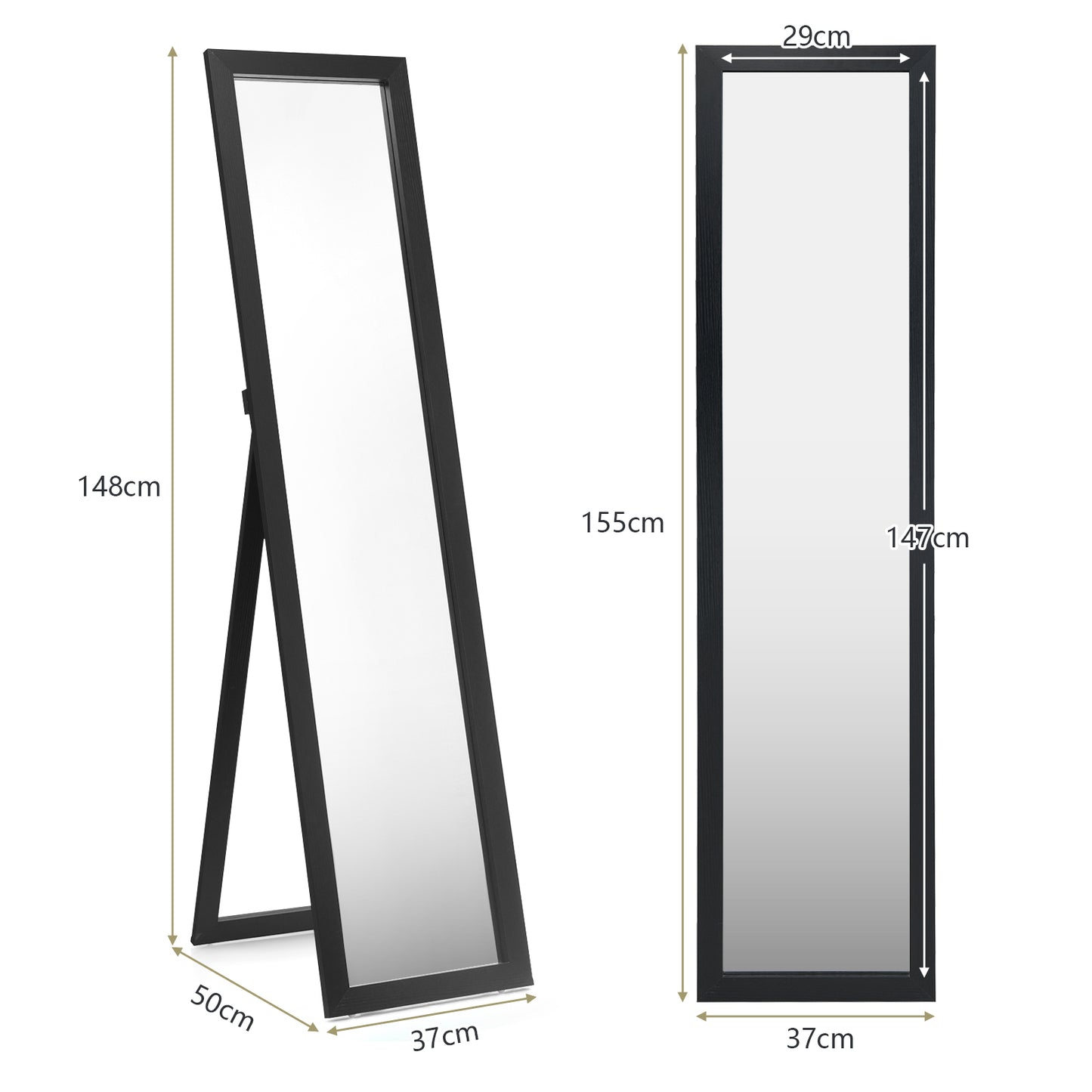 153 x 37 cm Wooden Frame Rectangle Full Length Mirror-Black