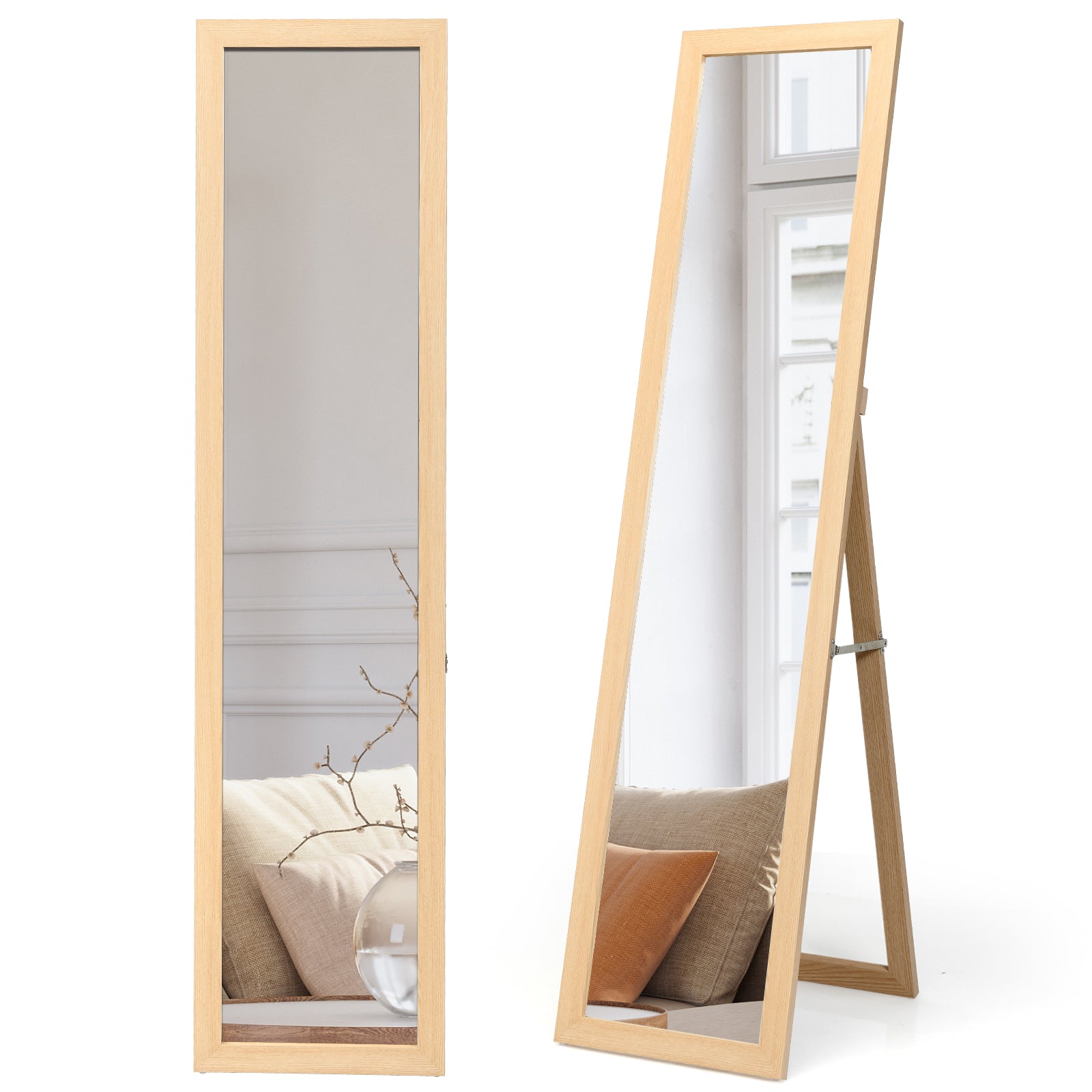 153 x 37 cm Wooden Frame Rectangle Full Length Mirror-Natural