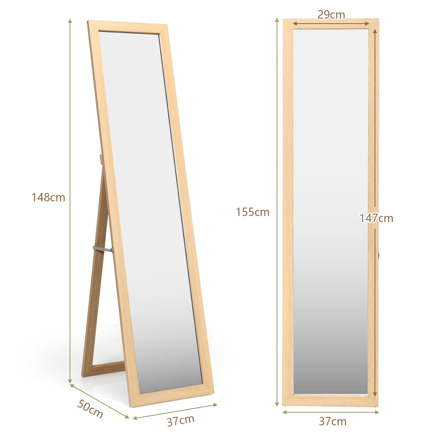 153 x 37 cm Wooden Frame Rectangle Full Length Mirror-Natural