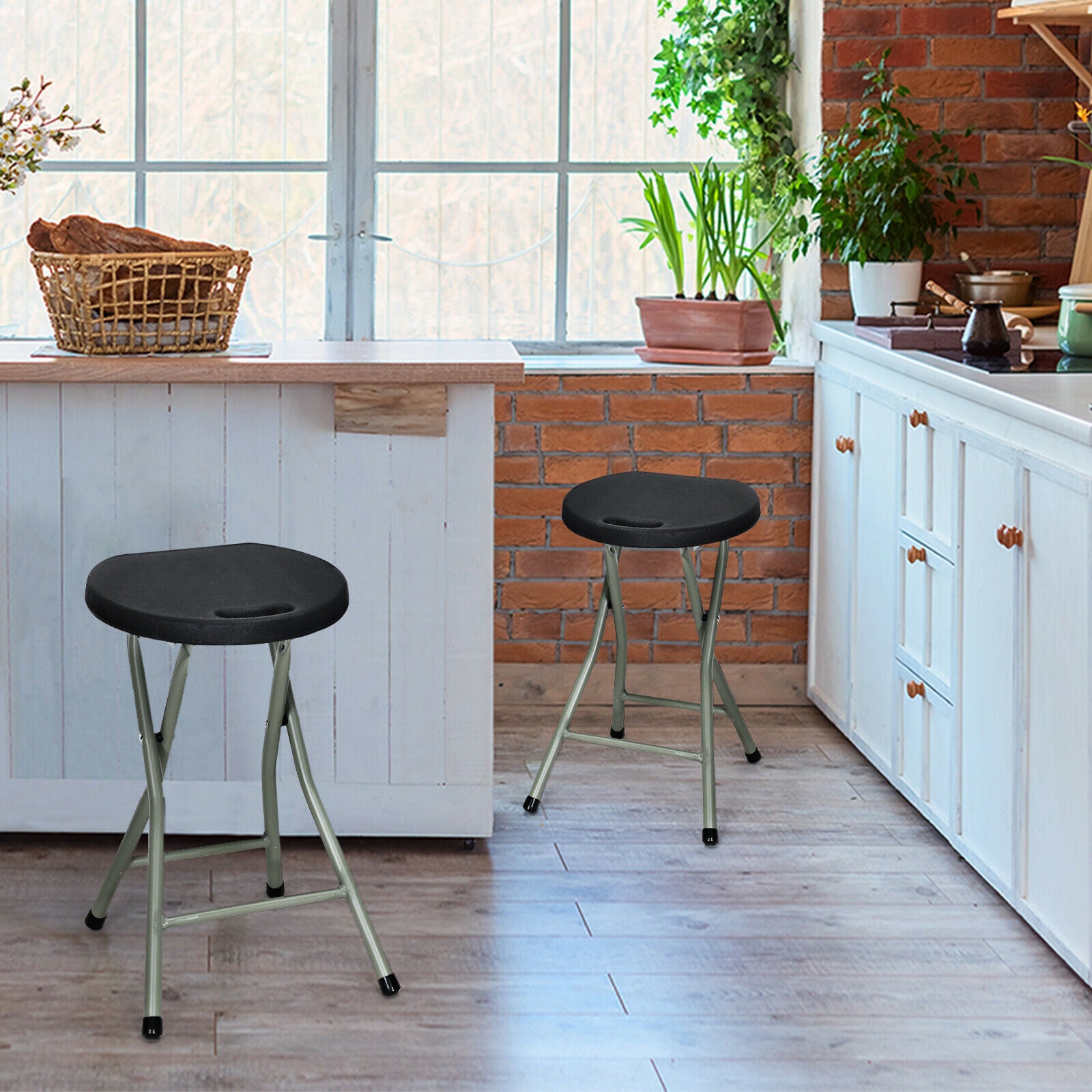 2X Folding Stool Portable Seat with Metal Frame-Black