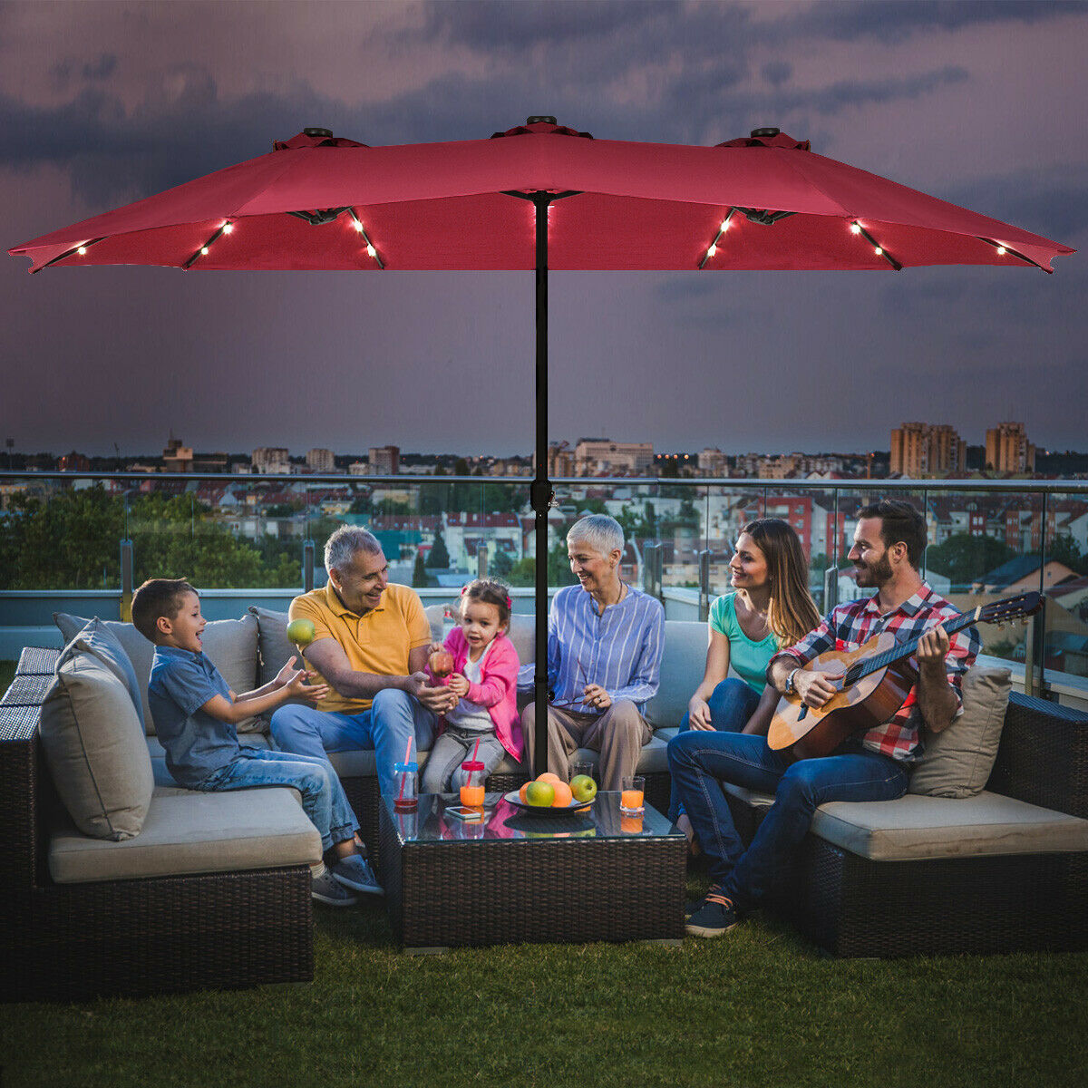 Extra Large LED Patio Double-Sided Umbrella Crank Parasol-Wine