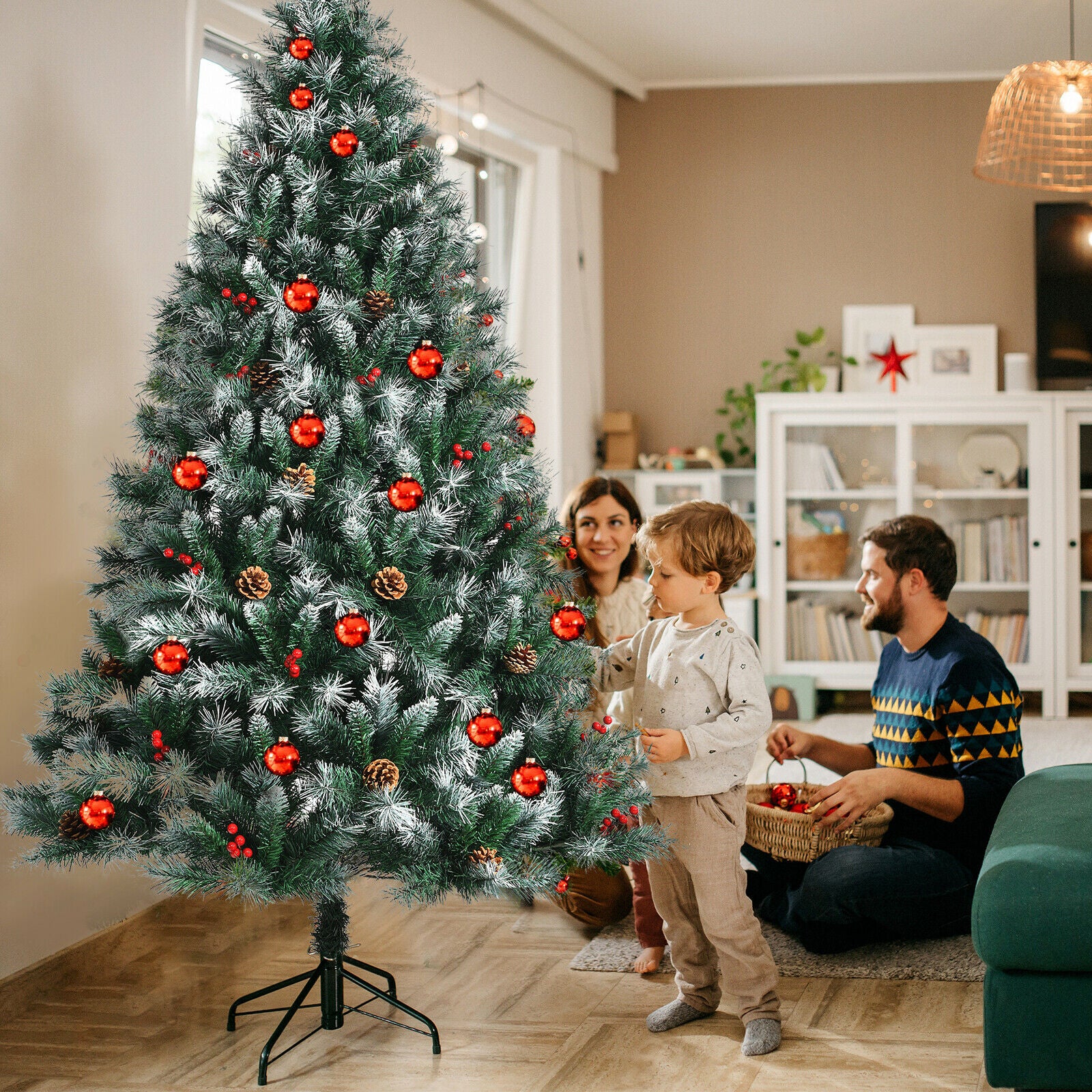 180cm Snow Flocked Christmas Tree with Pine Cone and Red Berry