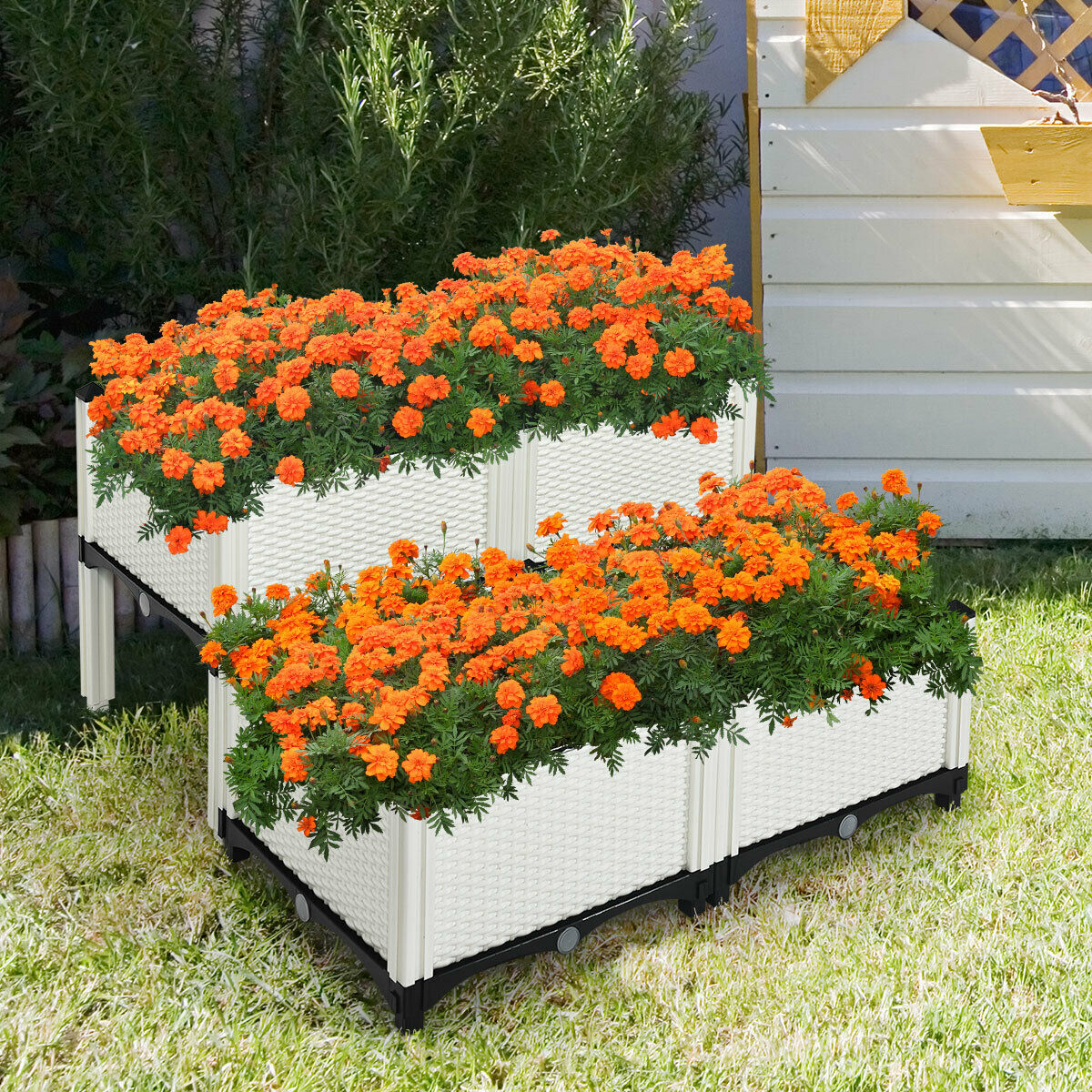 Set of 4 Raised Garden Bed with Self-Watering Disks for Planting-White
