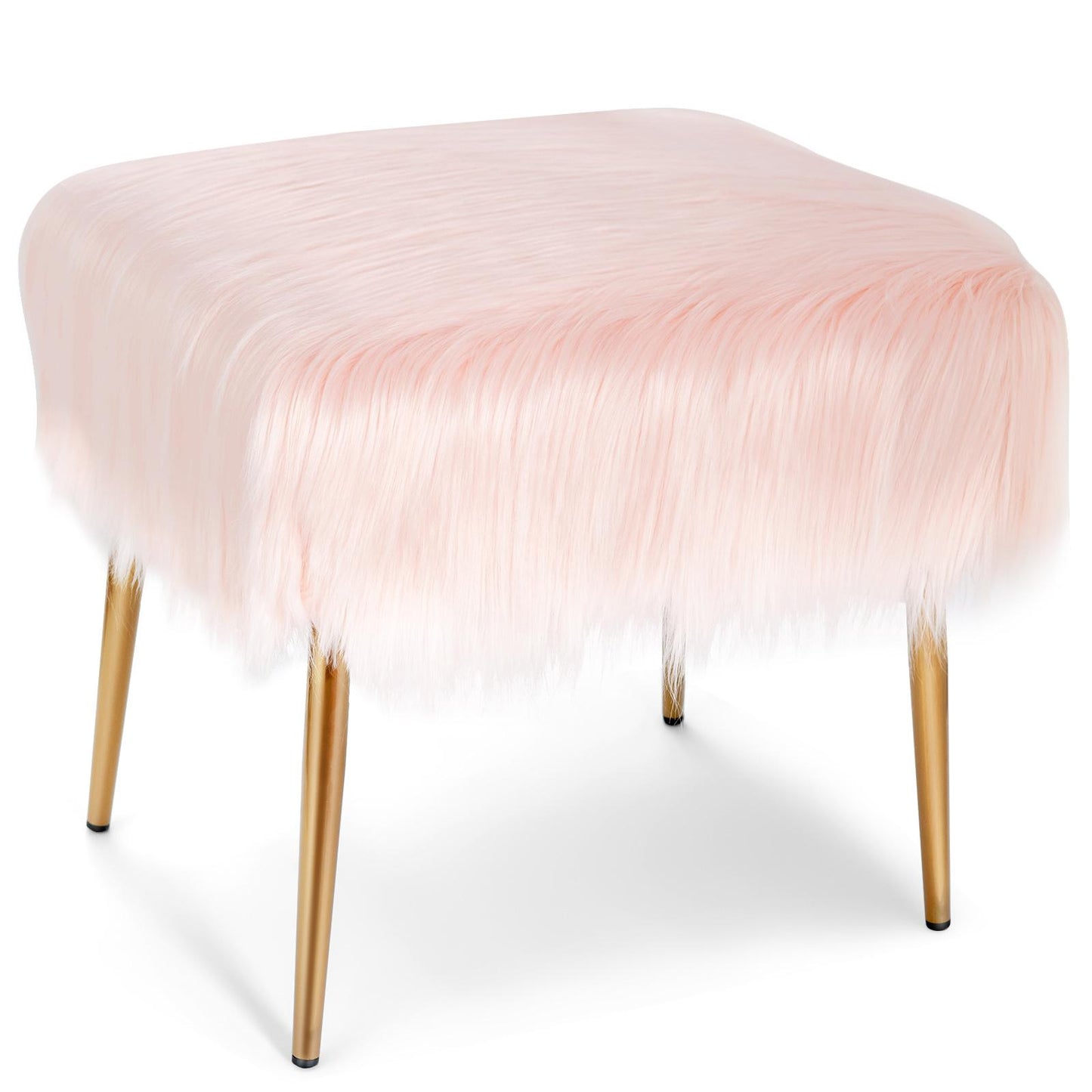 Furry Faux Fur Footstool with Golden Metal Legs-Pink