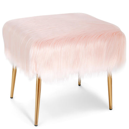 Furry Faux Fur Footstool with Golden Metal Legs-Pink