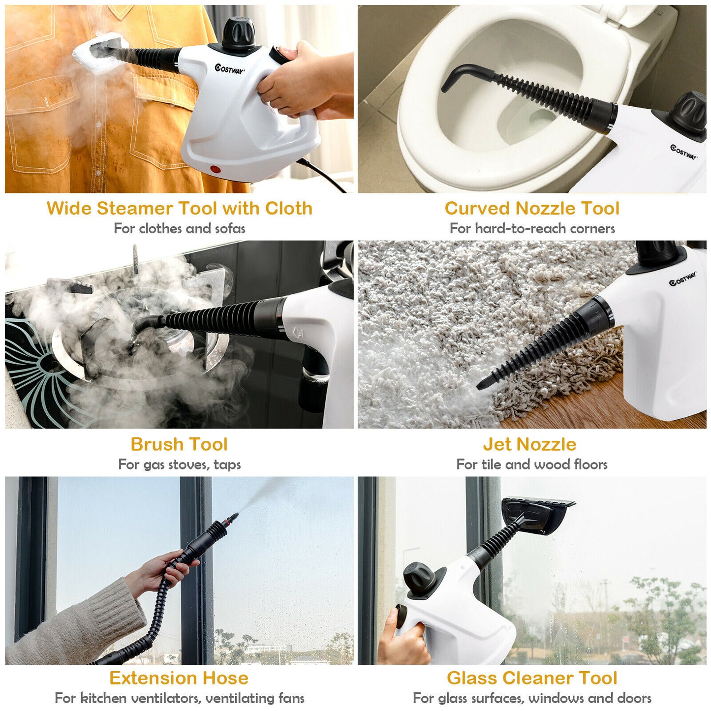 Multi-Purpose Portable Electric Steam Cleaner with 9 Accessories-White